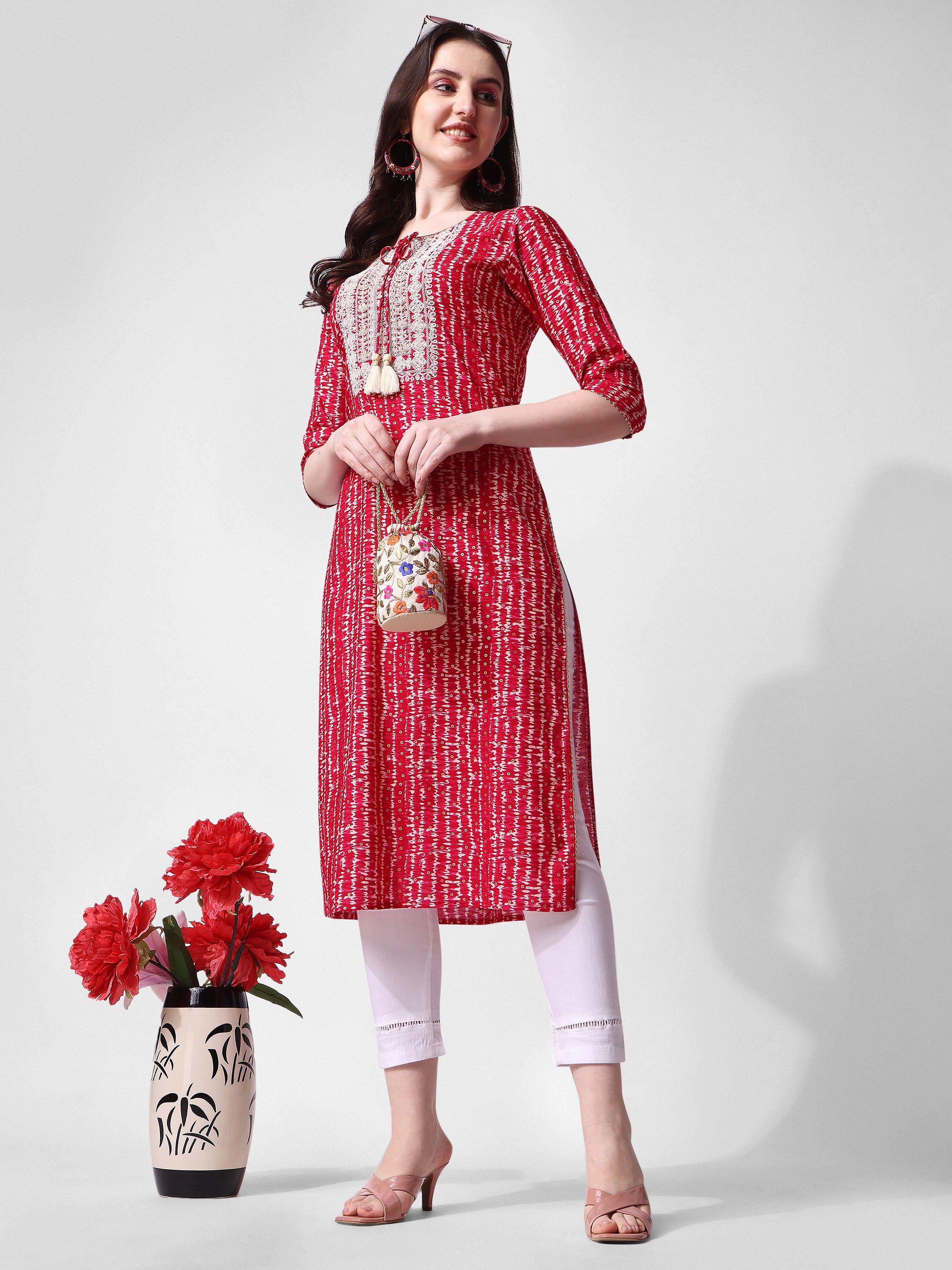 Shibori Printed and  Embroidered Pink Kurta