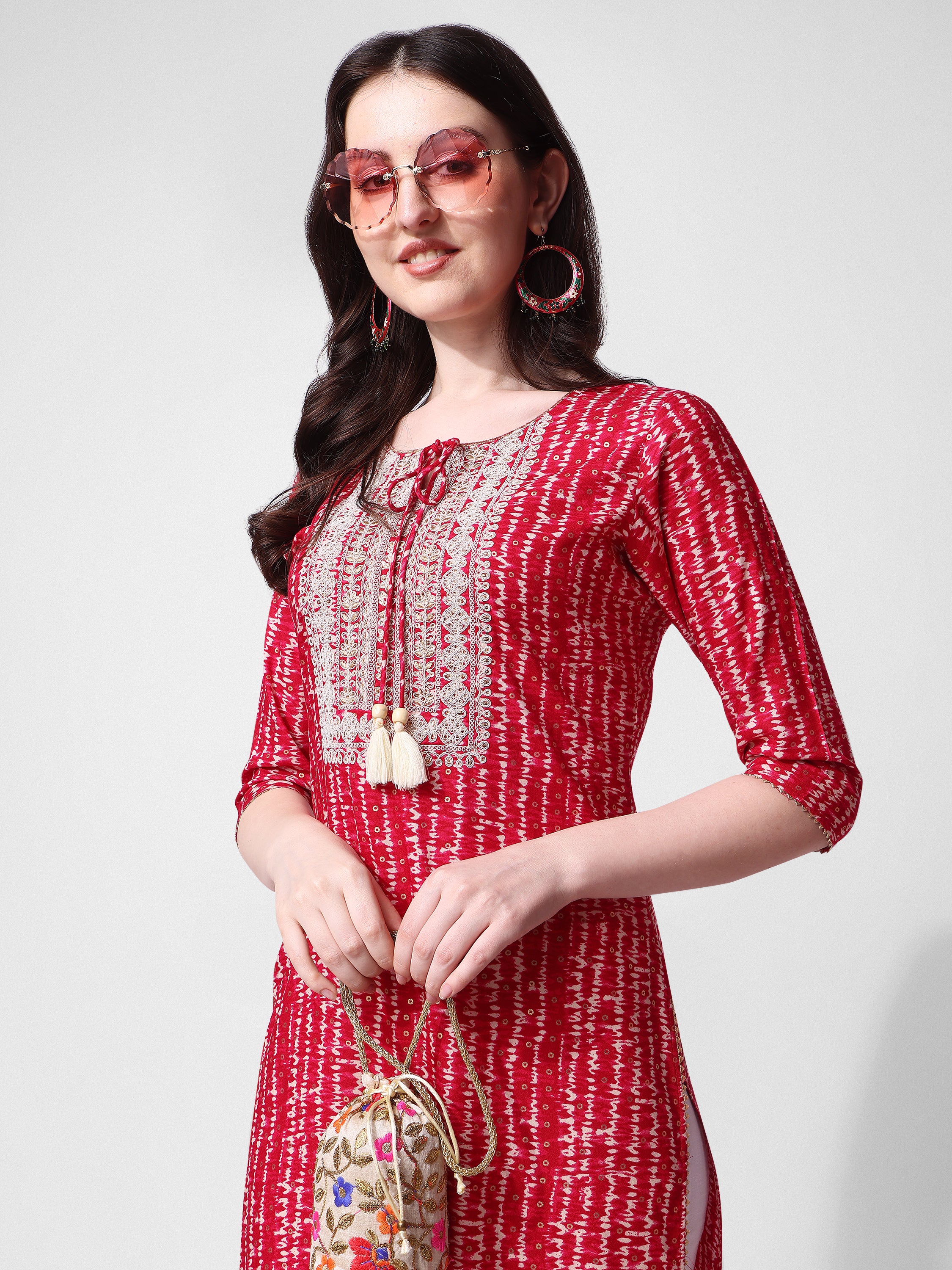 Shibori Printed and  Embroidered Pink Kurta