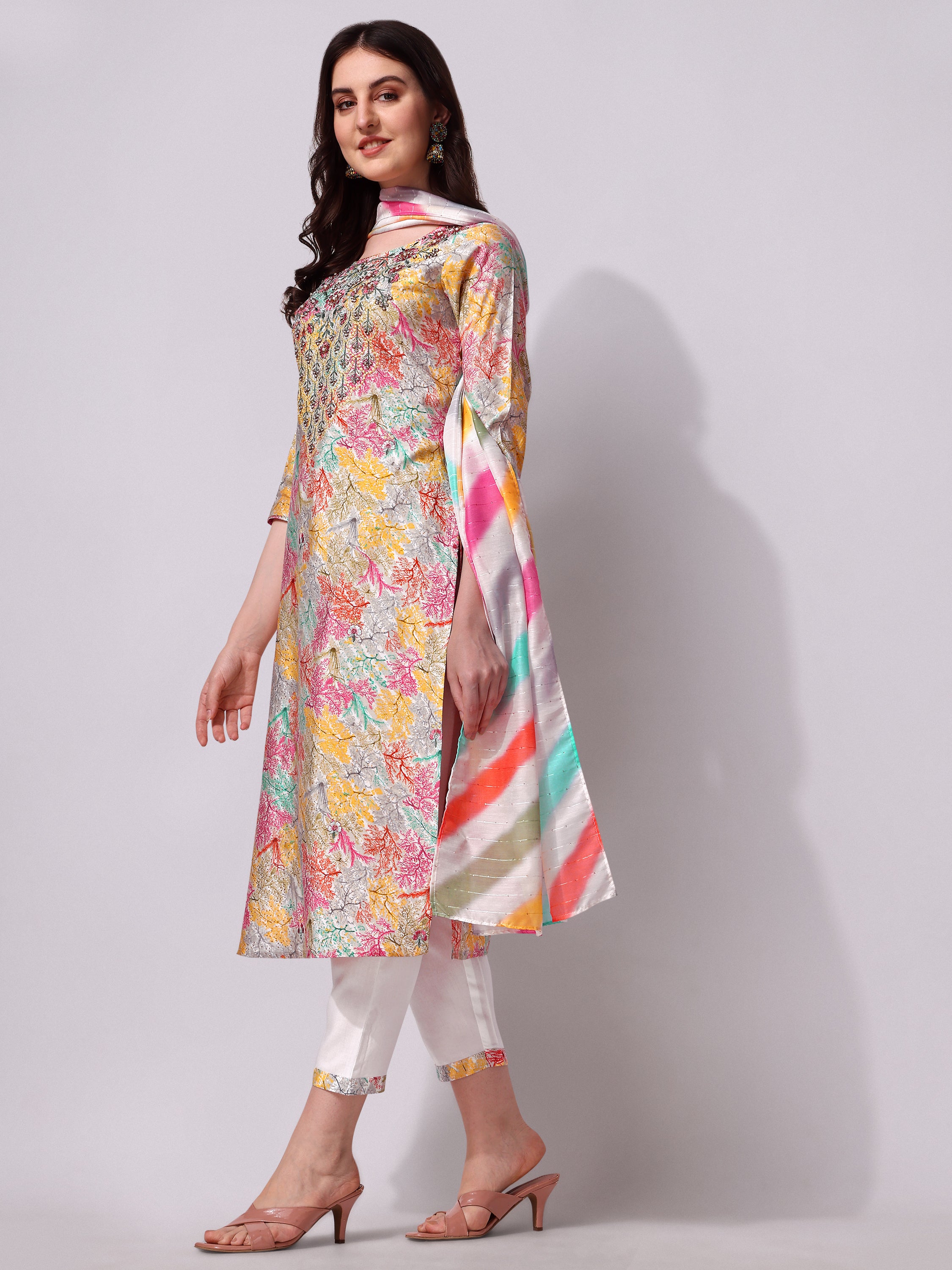 Multicolor Embroidered kurta pant & Printed dupatta set