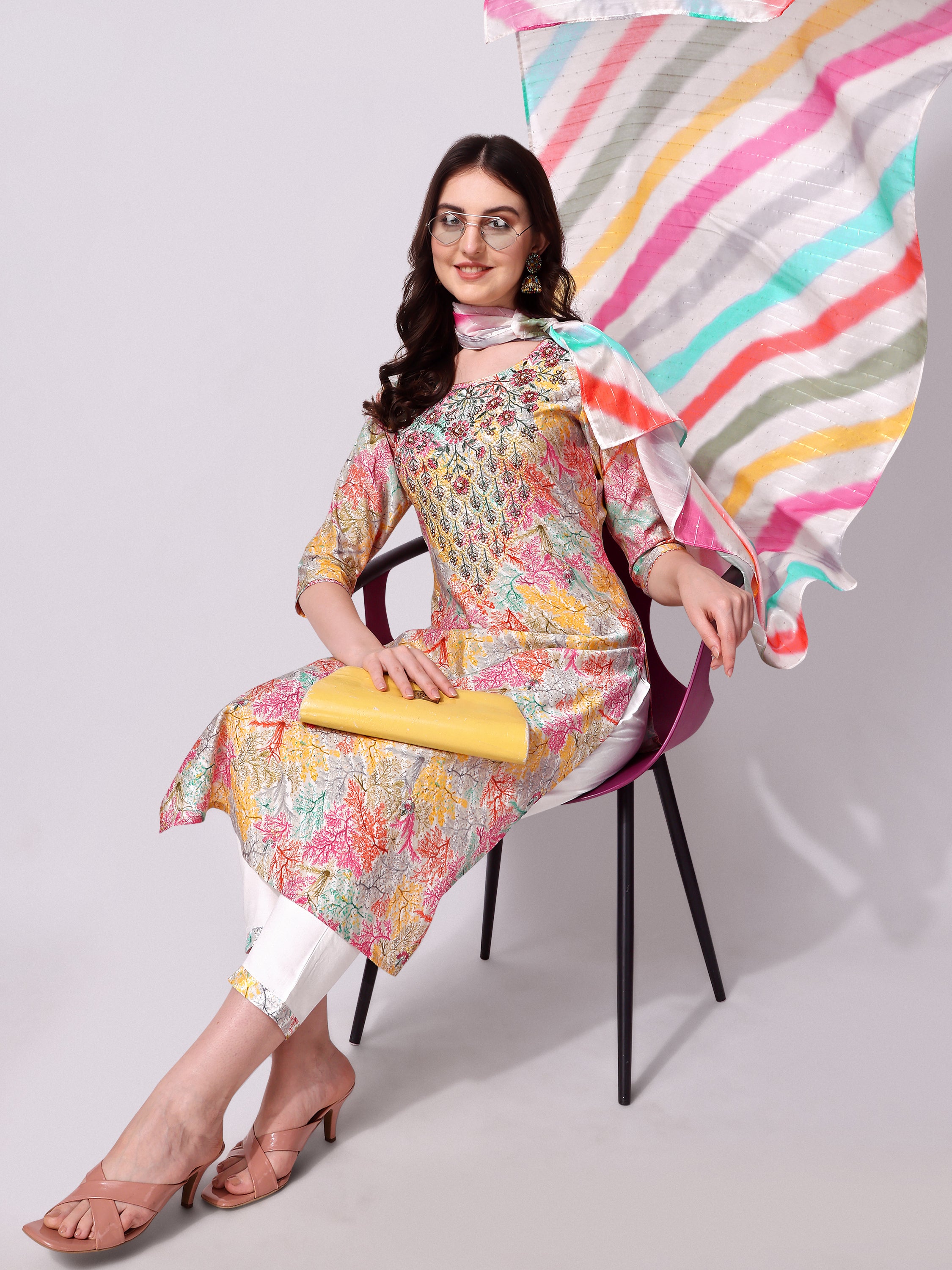 Multicolor Embroidered kurta pant & Printed dupatta set