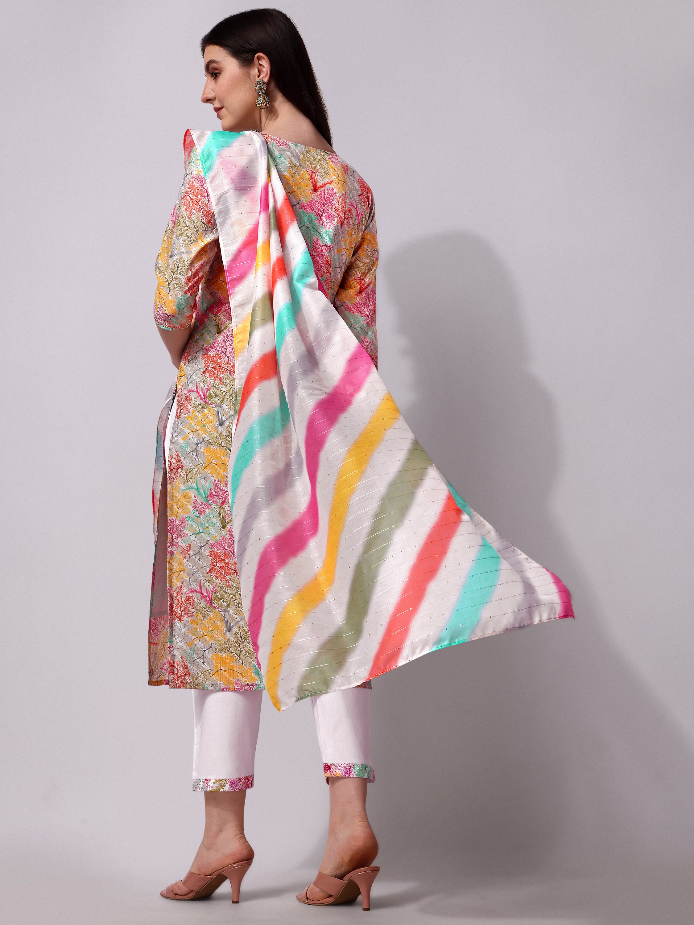 Multicolor Embroidered kurta pant & Printed dupatta set