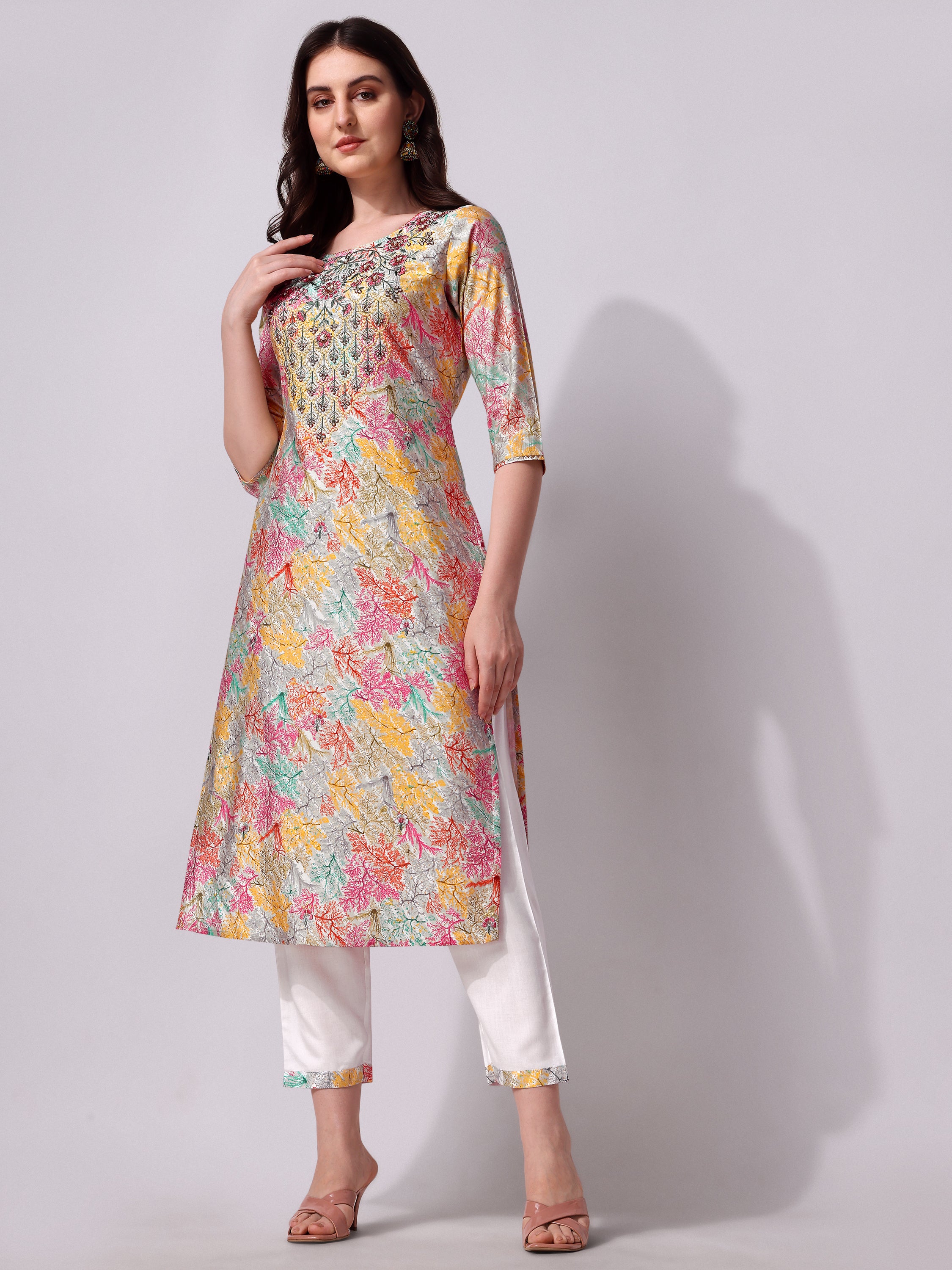 Multicolor Embroidered kurta pant & Printed dupatta set