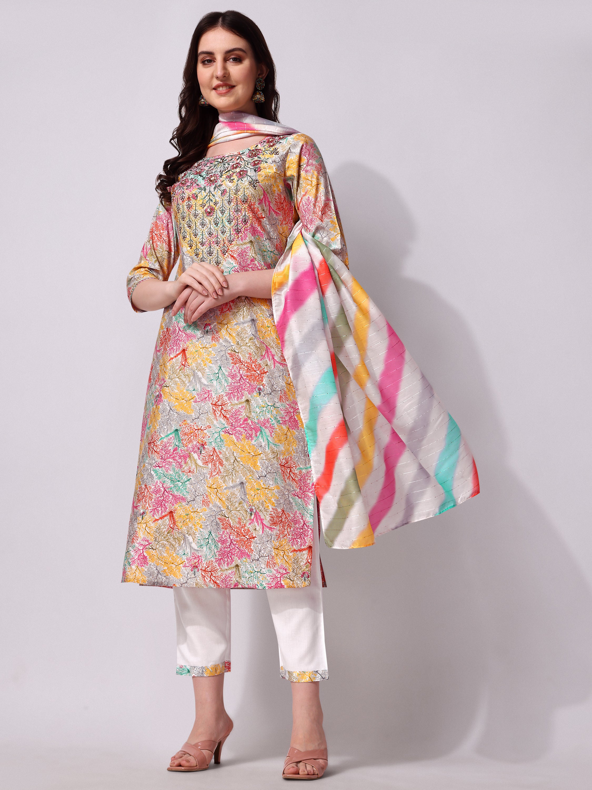 Multicolor Embroidered kurta pant & Printed dupatta set