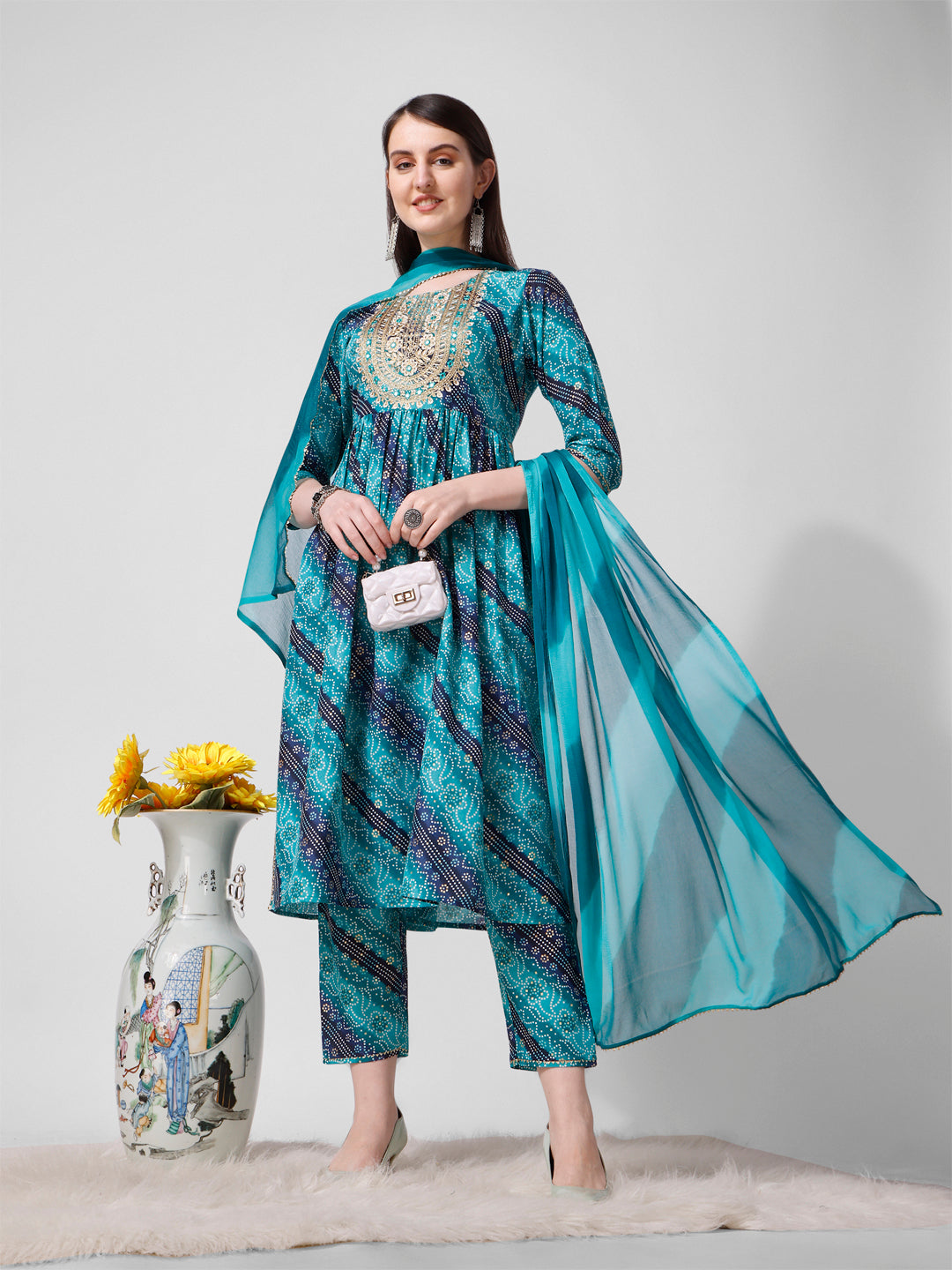 Embroidered & printed kurta with pant and dupatta Set