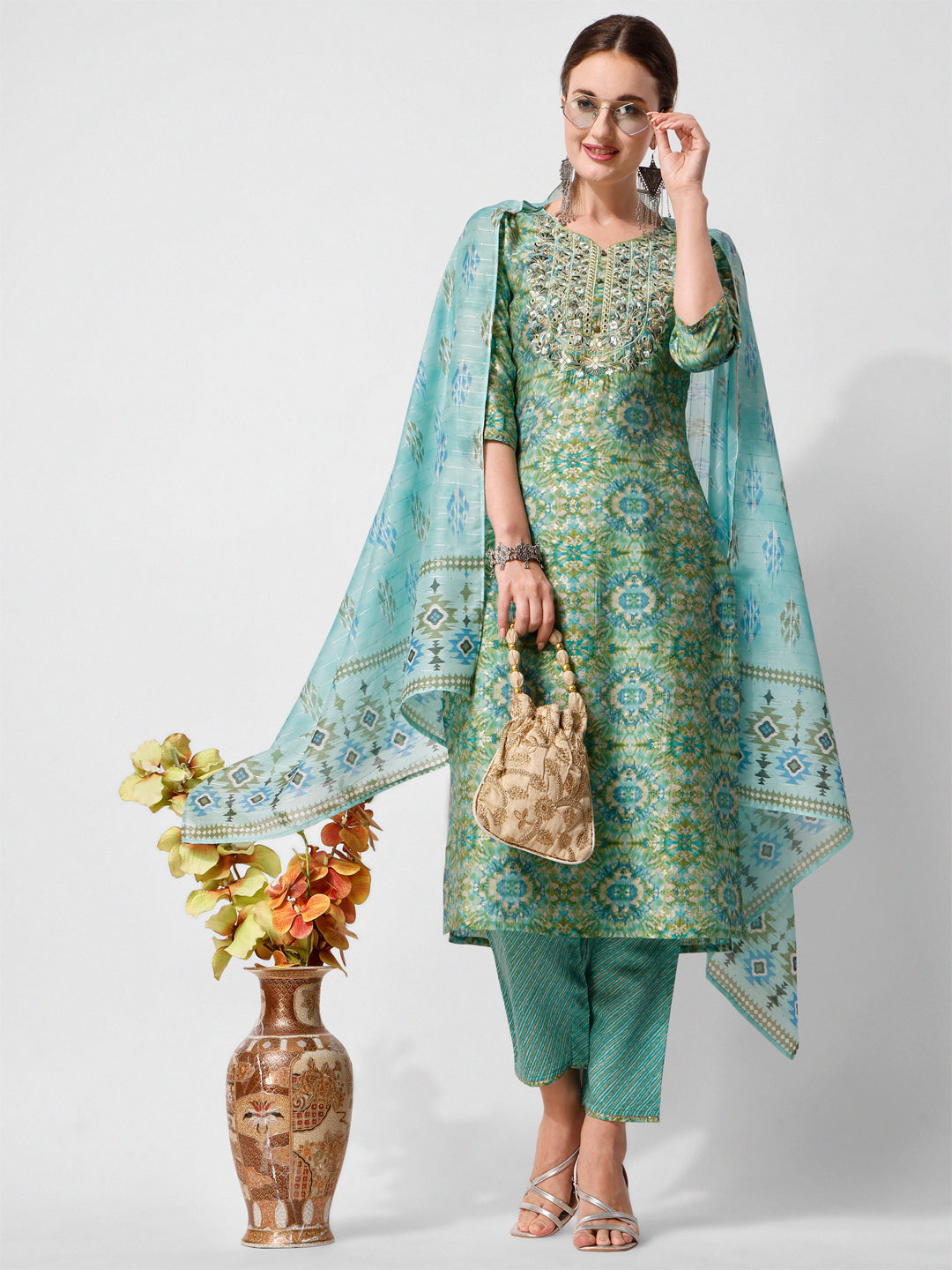 Printed and  Embroidered Kurta with Pant and Dupatta Set