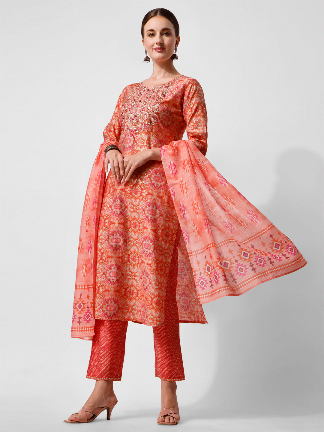Printed and  Embroidered Kurta with Pant and Dupatta Set