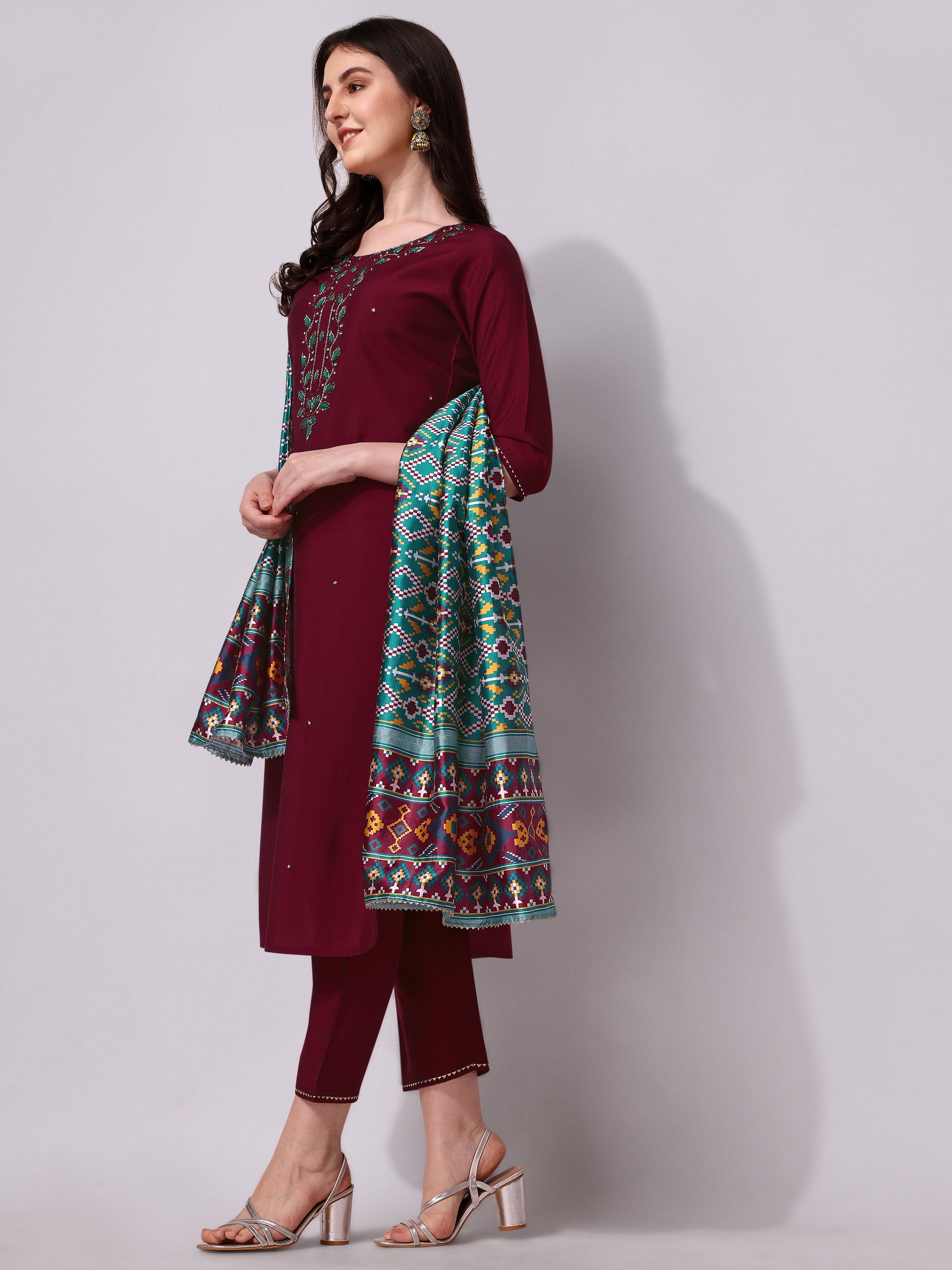 Embroidered Kurta With Pant And Dupatta Set