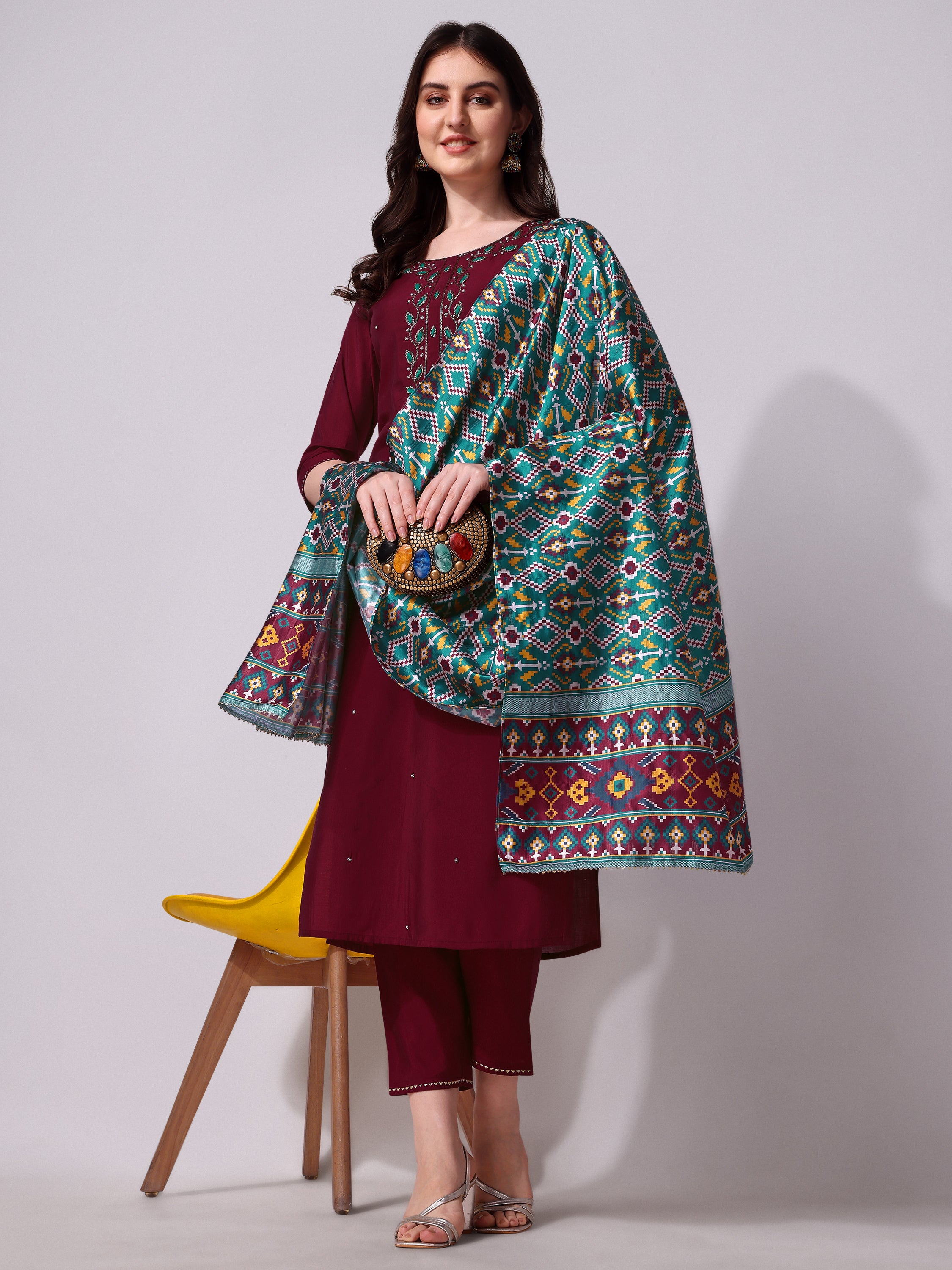 Embroidered Kurta With Pant And Dupatta Set