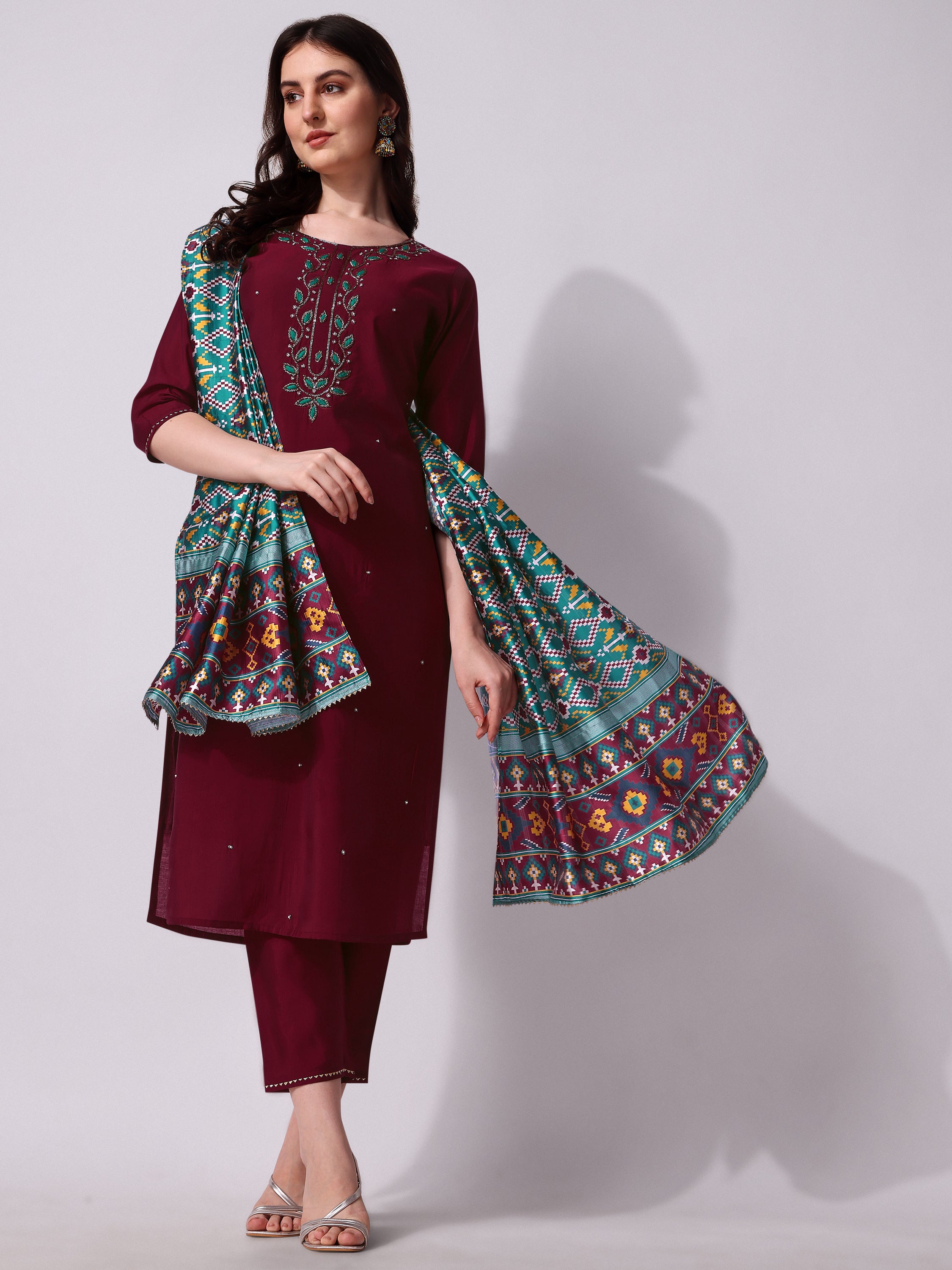 Embroidered Kurta With Pant And Dupatta Set