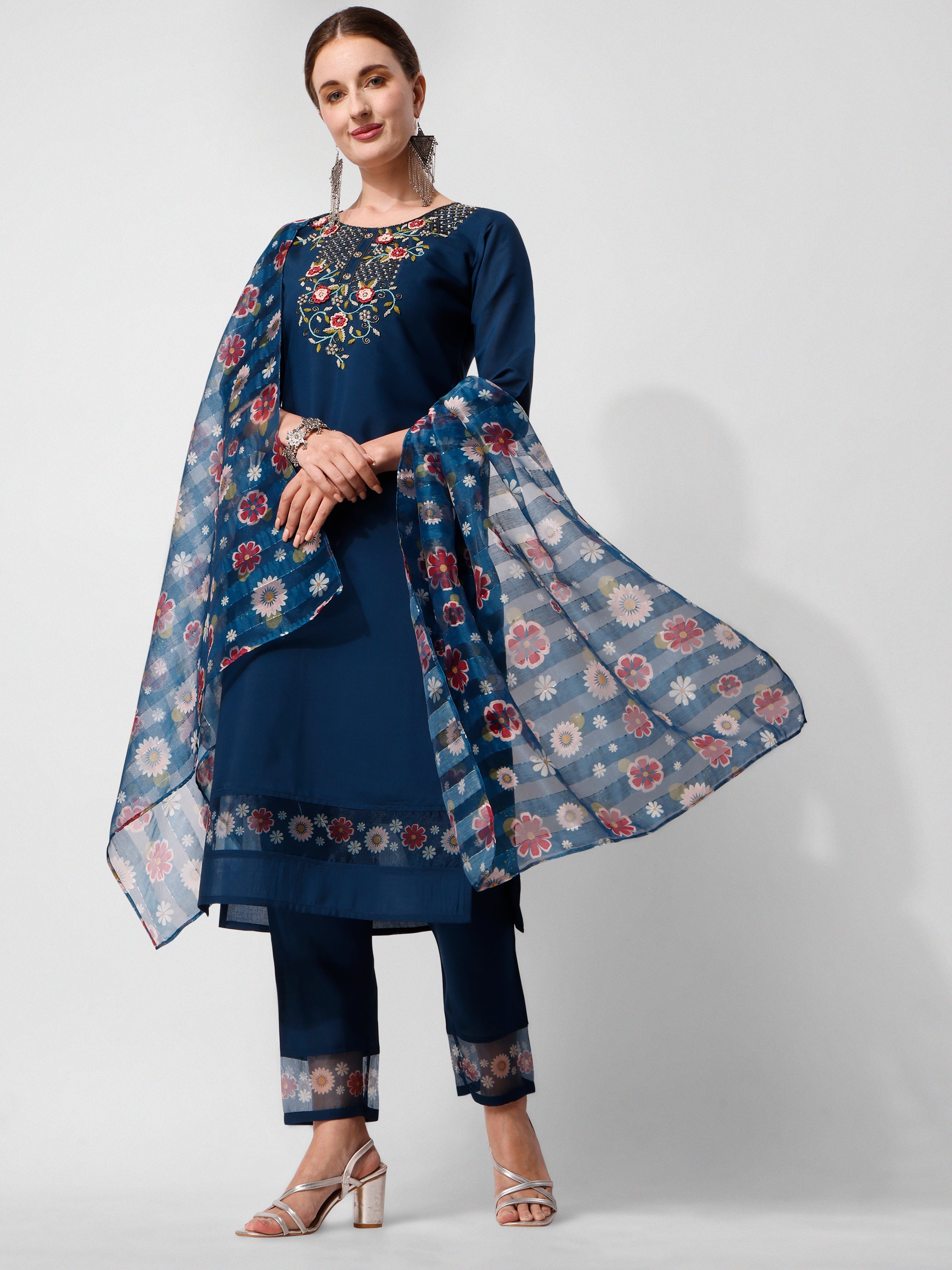 Embroidered Blue kurta with pant and printed dupatta set