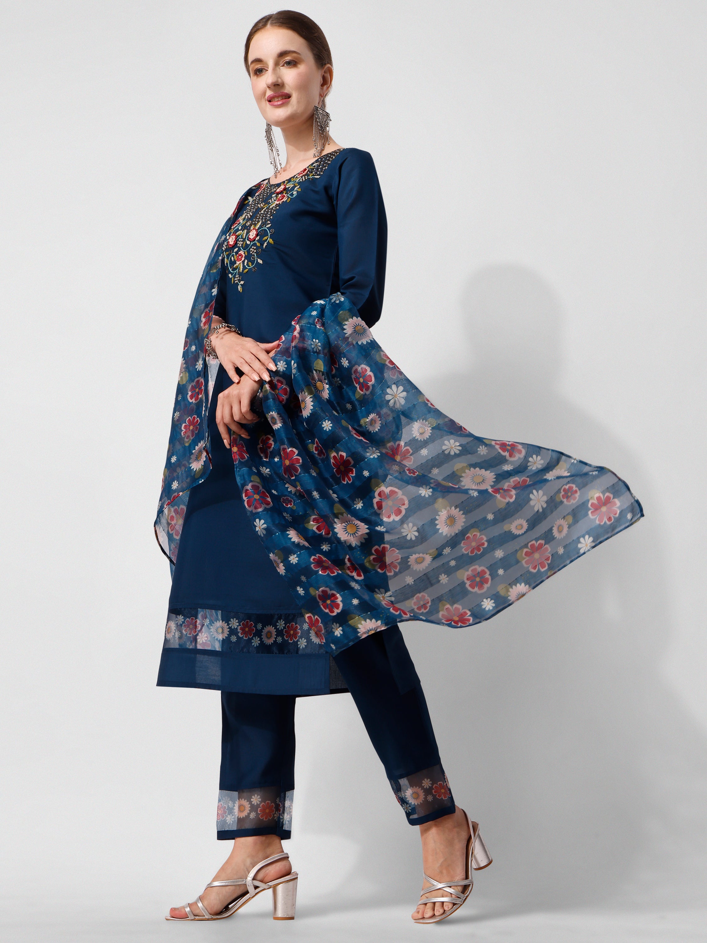 Embroidered Blue kurta with pant and printed dupatta set