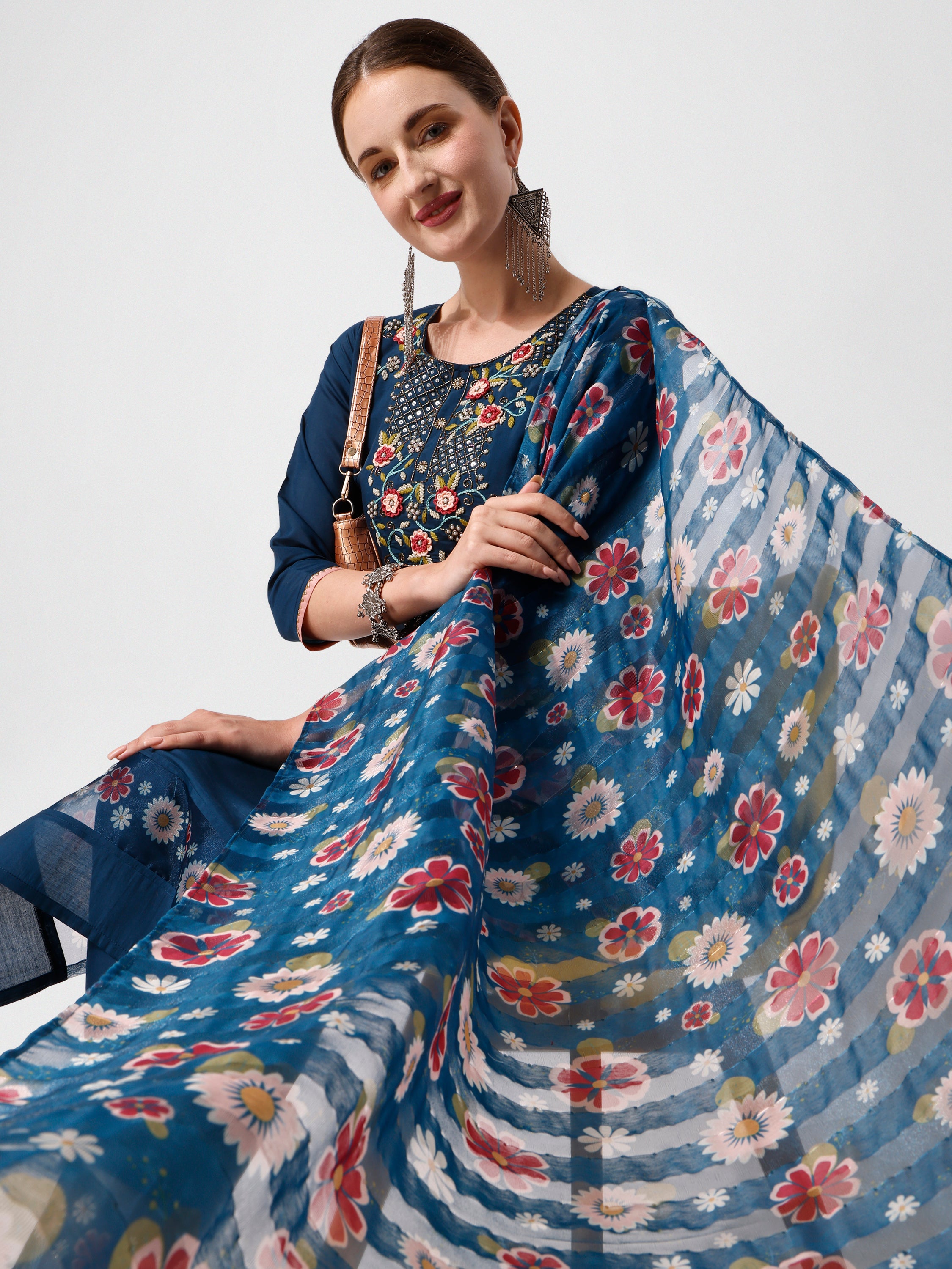 Embroidered Blue kurta with pant and printed dupatta set