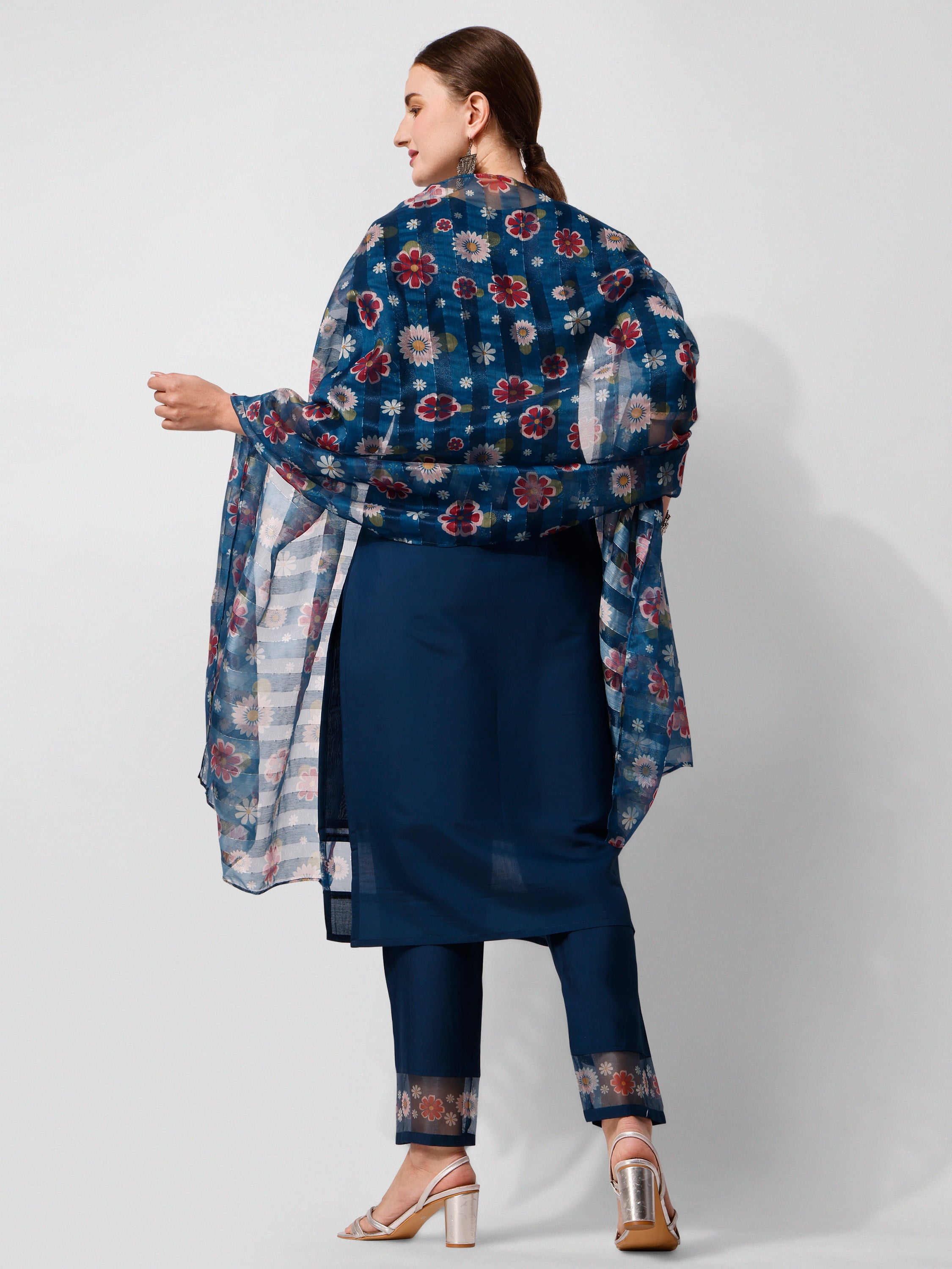 Embroidered Blue kurta with pant and printed dupatta set