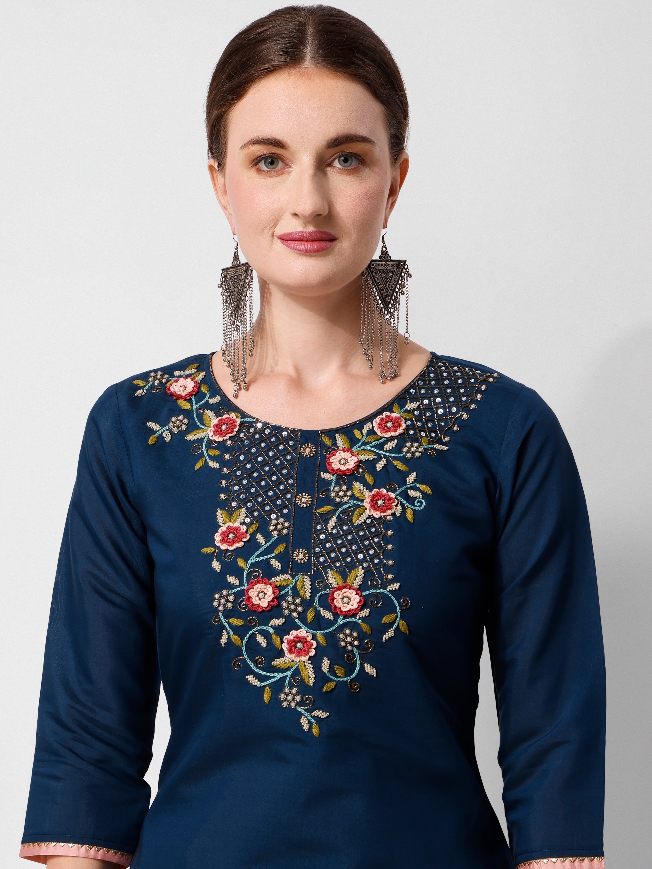 Embroidered Blue kurta with pant and printed dupatta set