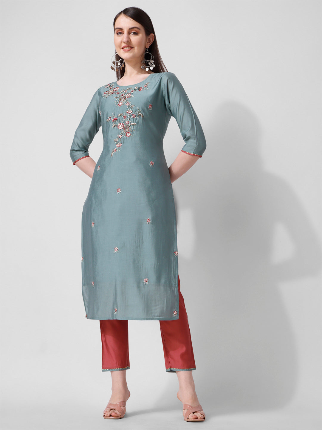 Blue Embroidered kurta pant & Printed dupatta set