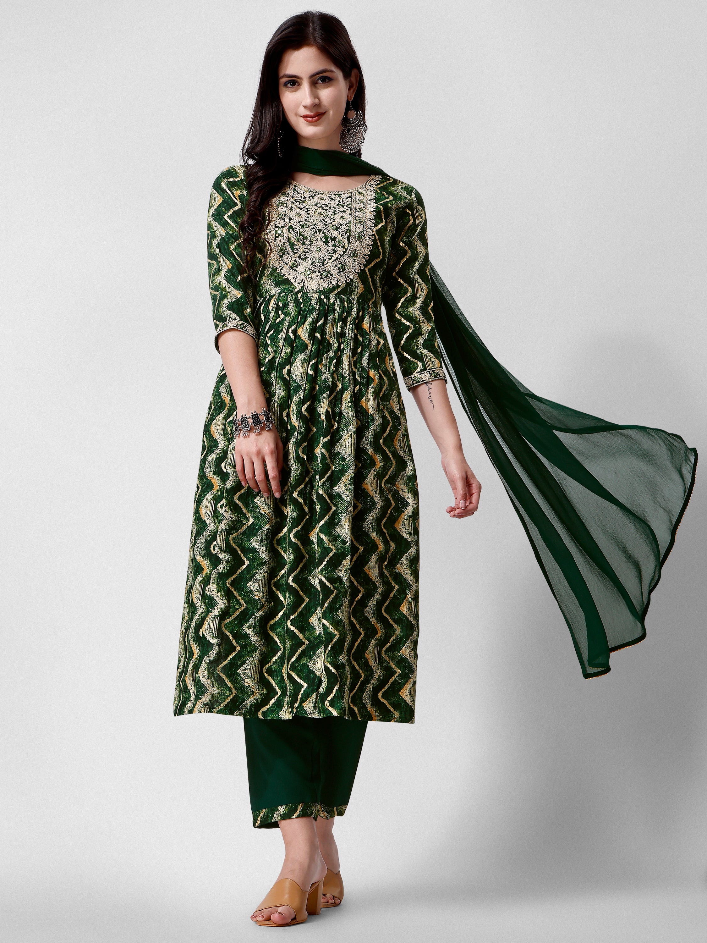 Nayra Cut Printed and Embroidered Kurta with Pant & Dupatta Set