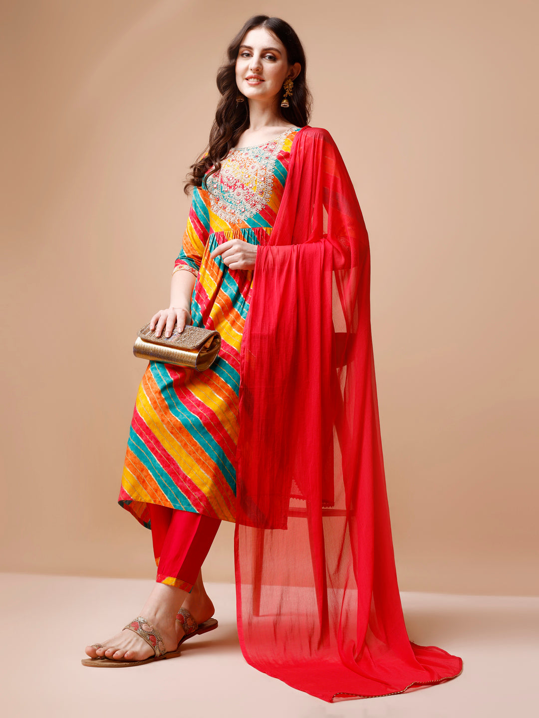 Nyra Cut Embroidered Multi Coloured Kurta with pant & dupatta