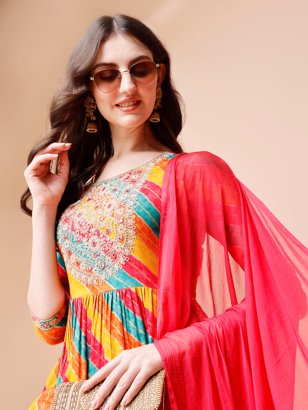 Nyra Cut Embroidered Multi Coloured Kurta with pant & dupatta