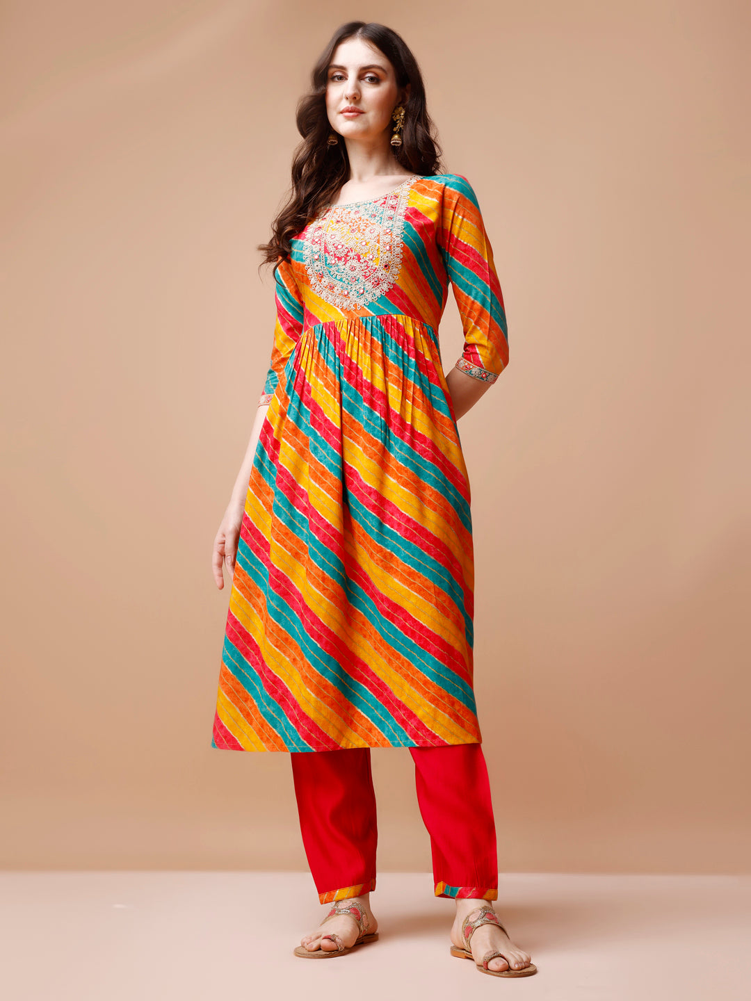 Nyra Cut Embroidered Multi Coloured Kurta with pant & dupatta