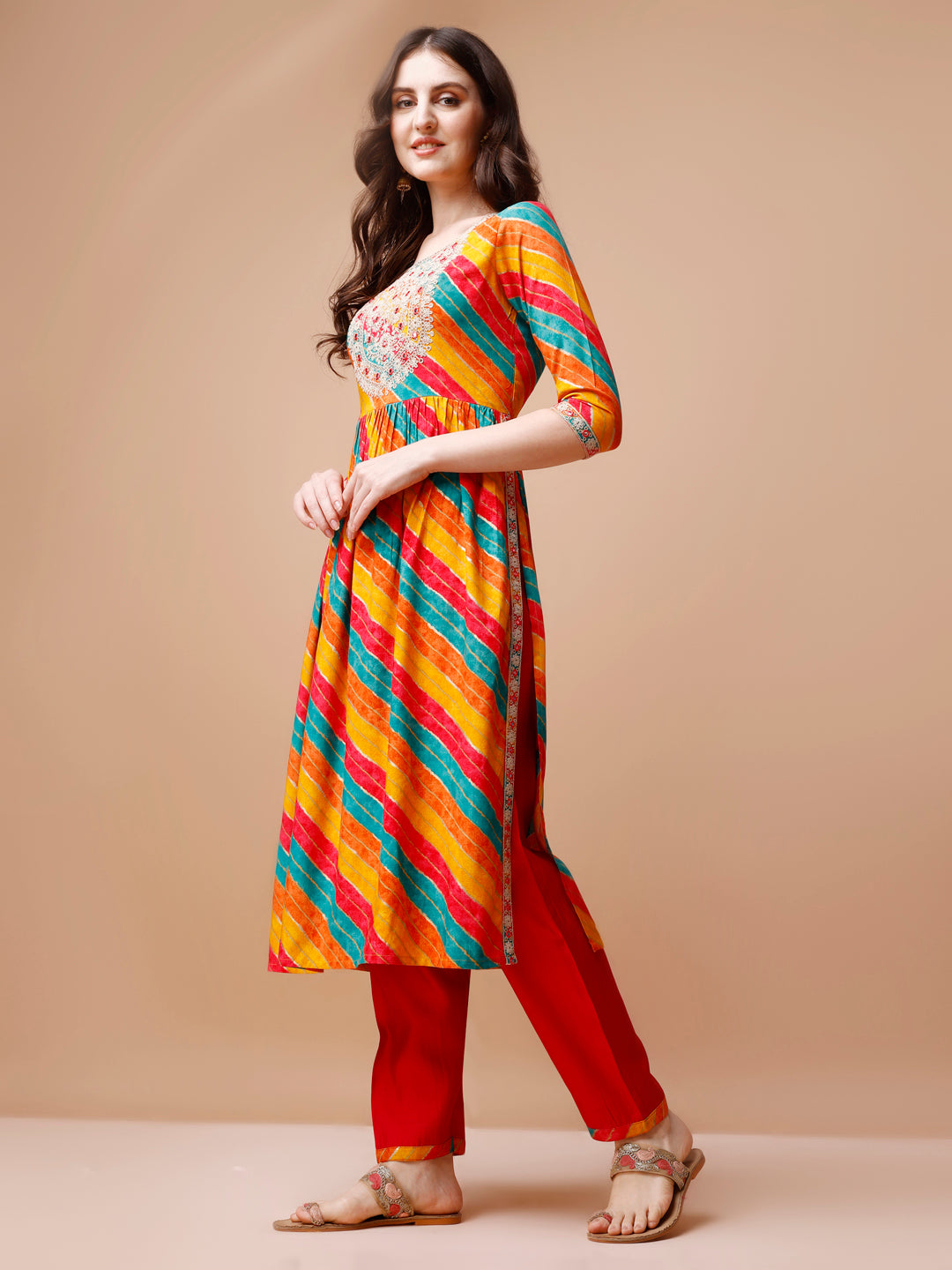 Nyra Cut Embroidered Multi Coloured Kurta with pant & dupatta