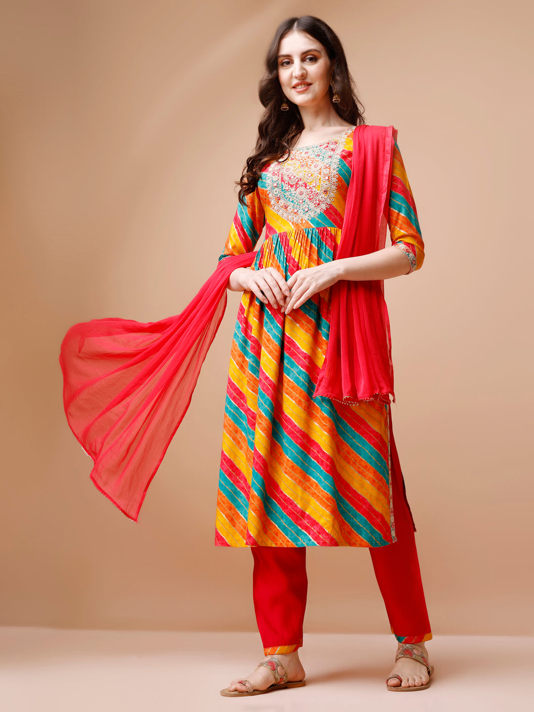 Nyra Cut Embroidered Multi Coloured Kurta with pant & dupatta