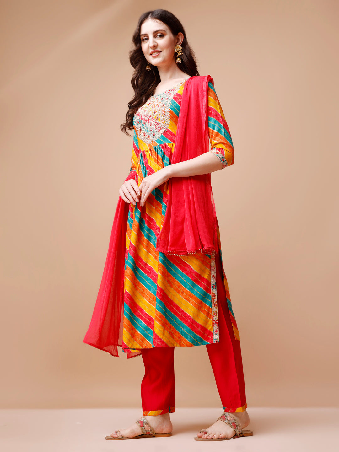 Nyra Cut Embroidered Multi Coloured Kurta with pant & dupatta