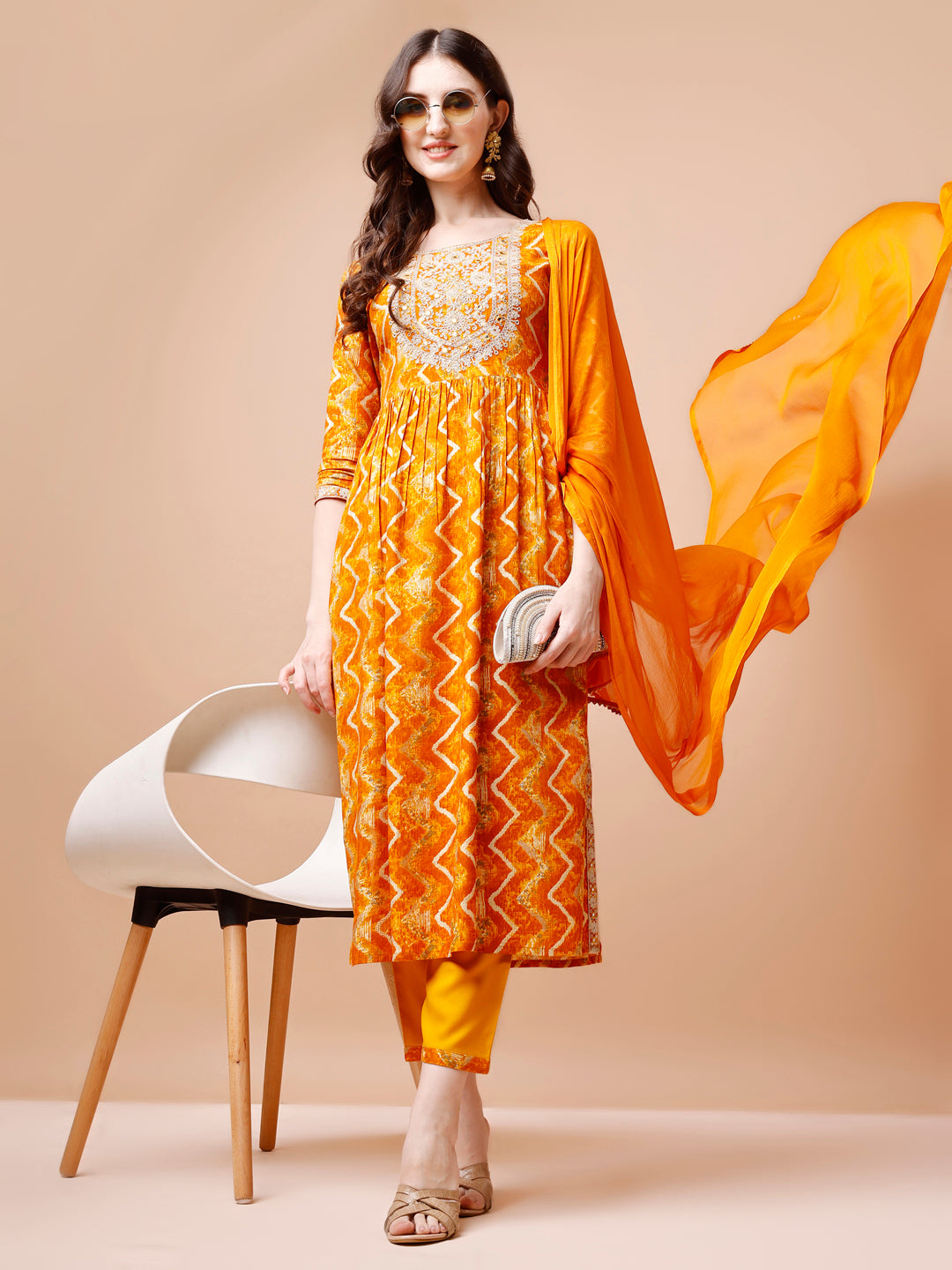 Nyra Cut Embroidered & Chevron printed kurta with pant & Dupatta