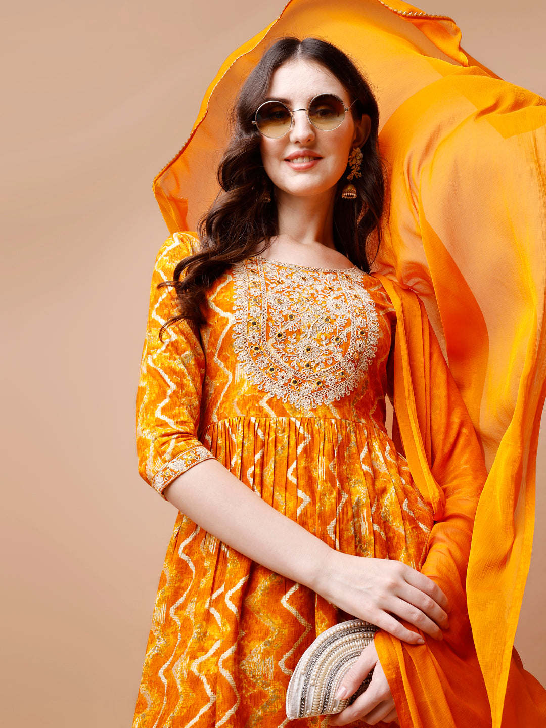 Nyra Cut Embroidered & Chevron printed kurta with pant & Dupatta