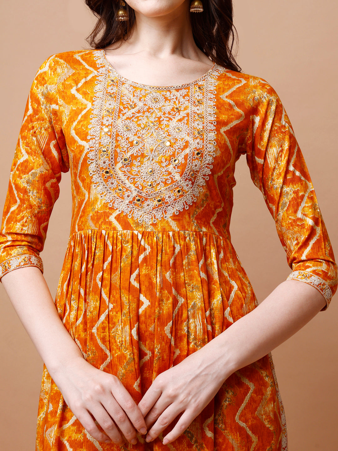 Nyra Cut Embroidered & Chevron printed kurta with pant & Dupatta