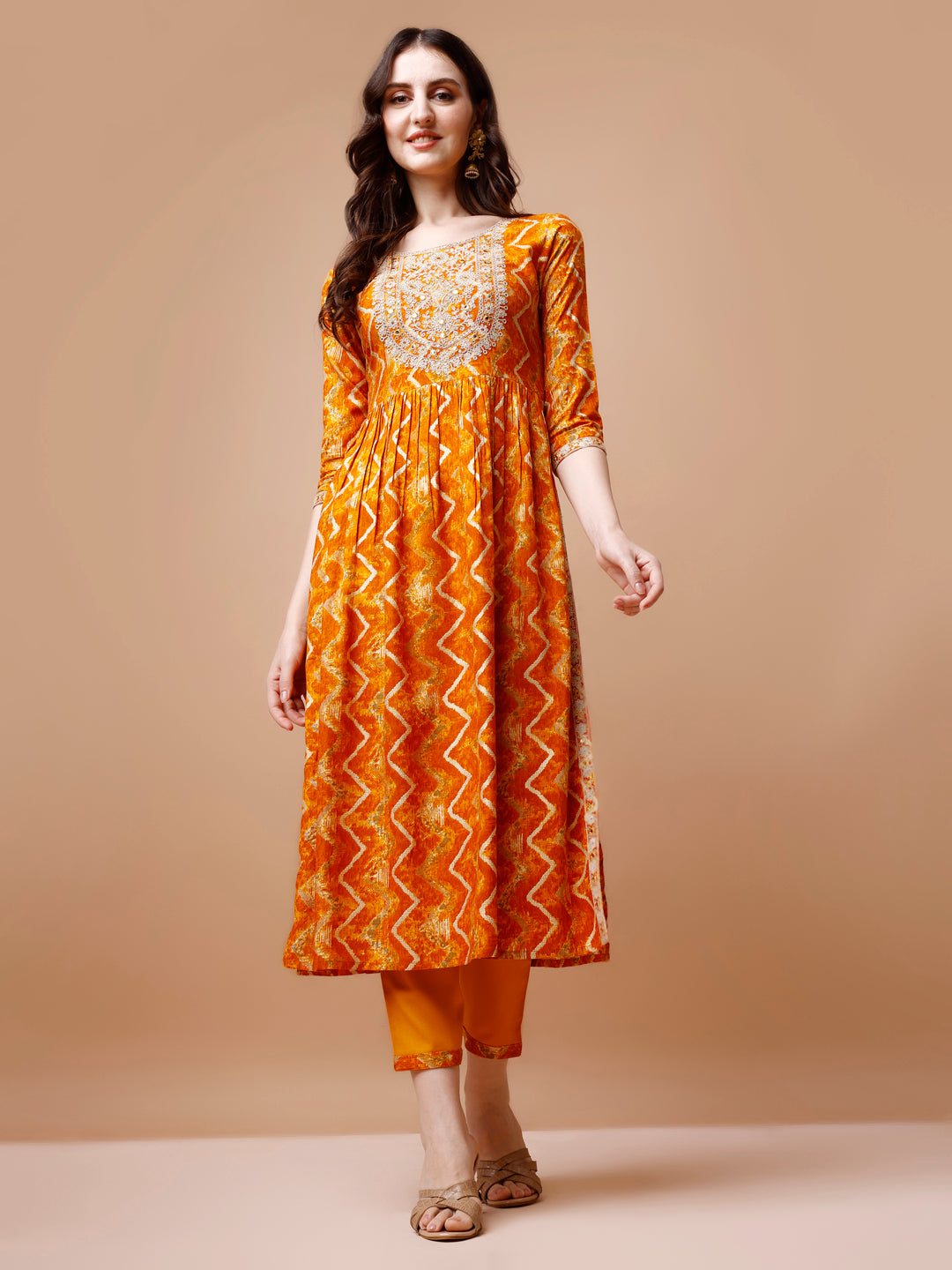 Nyra Cut Embroidered & Chevron printed kurta with pant & Dupatta