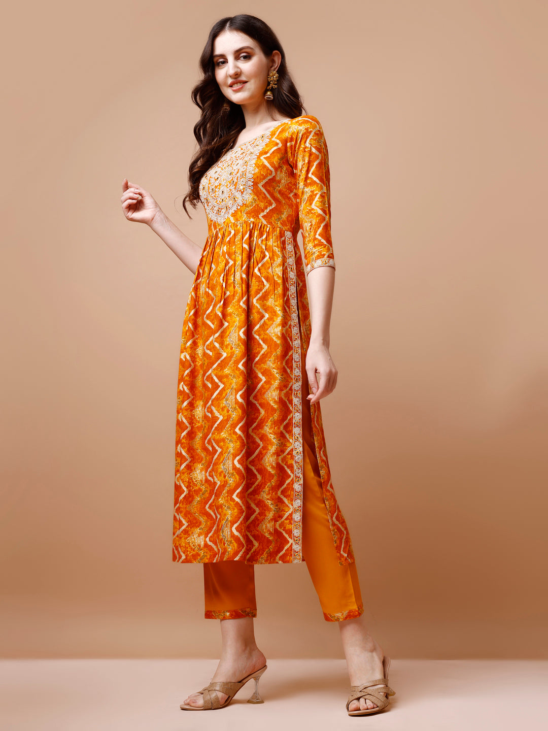 Nyra Cut Embroidered & Chevron printed kurta with pant & Dupatta