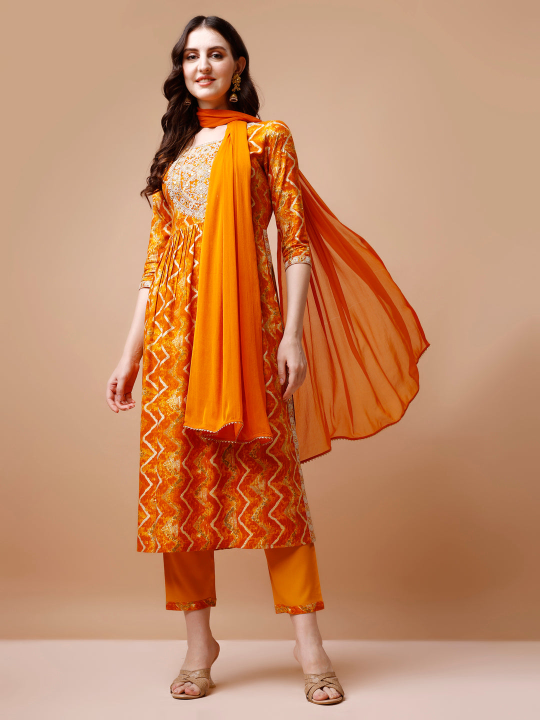 Nyra Cut Embroidered & Chevron printed kurta with pant & Dupatta