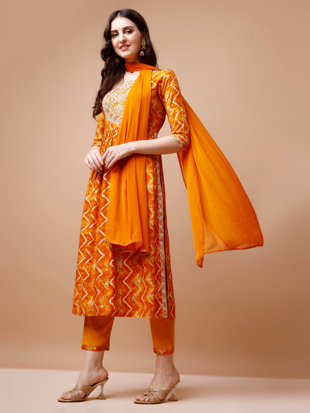 Nyra Cut Embroidered & Chevron printed kurta with pant & Dupatta