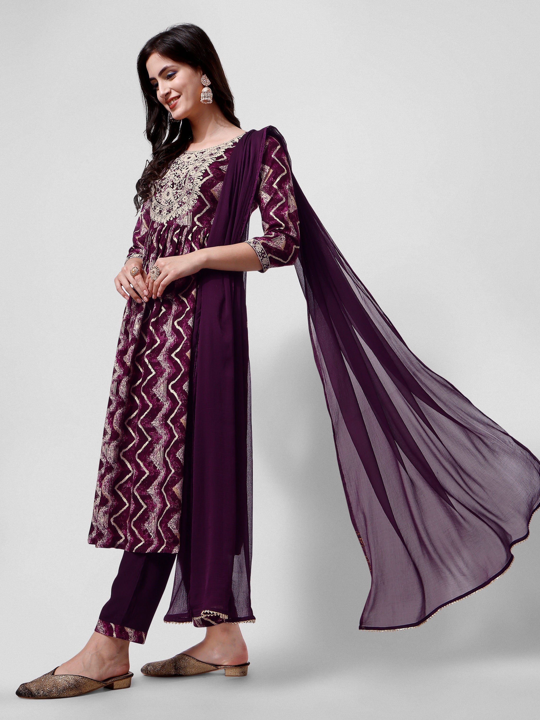 Nayra Cut Printed and Embroidered  Kurta with Pant & Dupatta Set