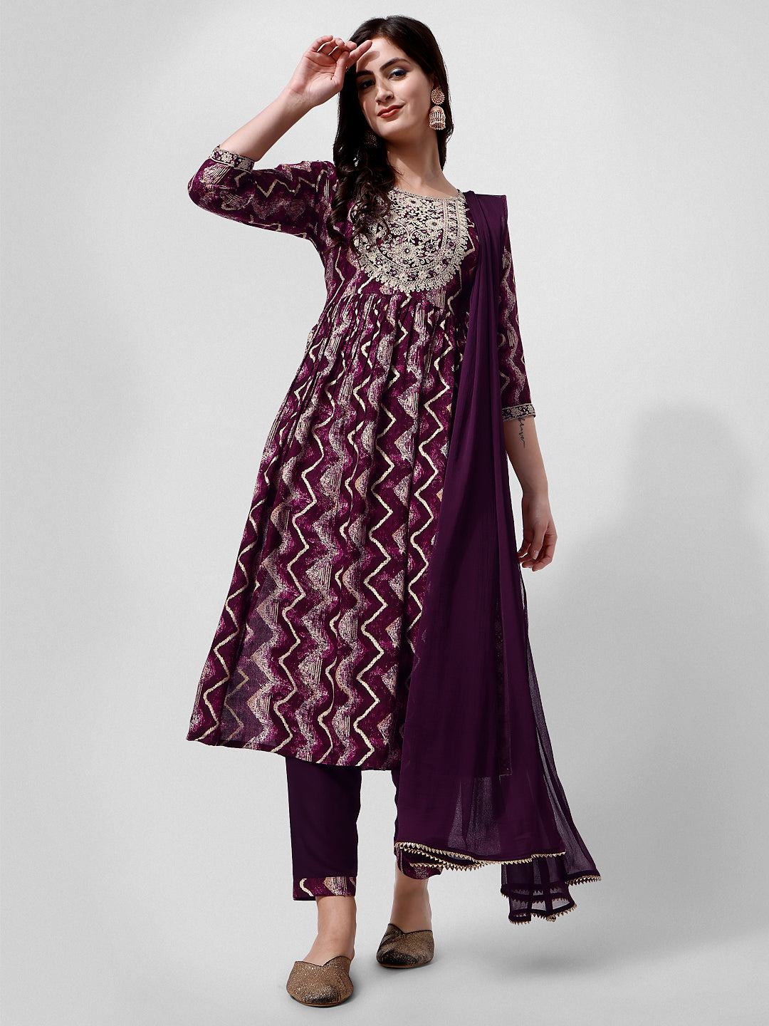 Nayra Cut Printed and Embroidered  Kurta with Pant & Dupatta Set