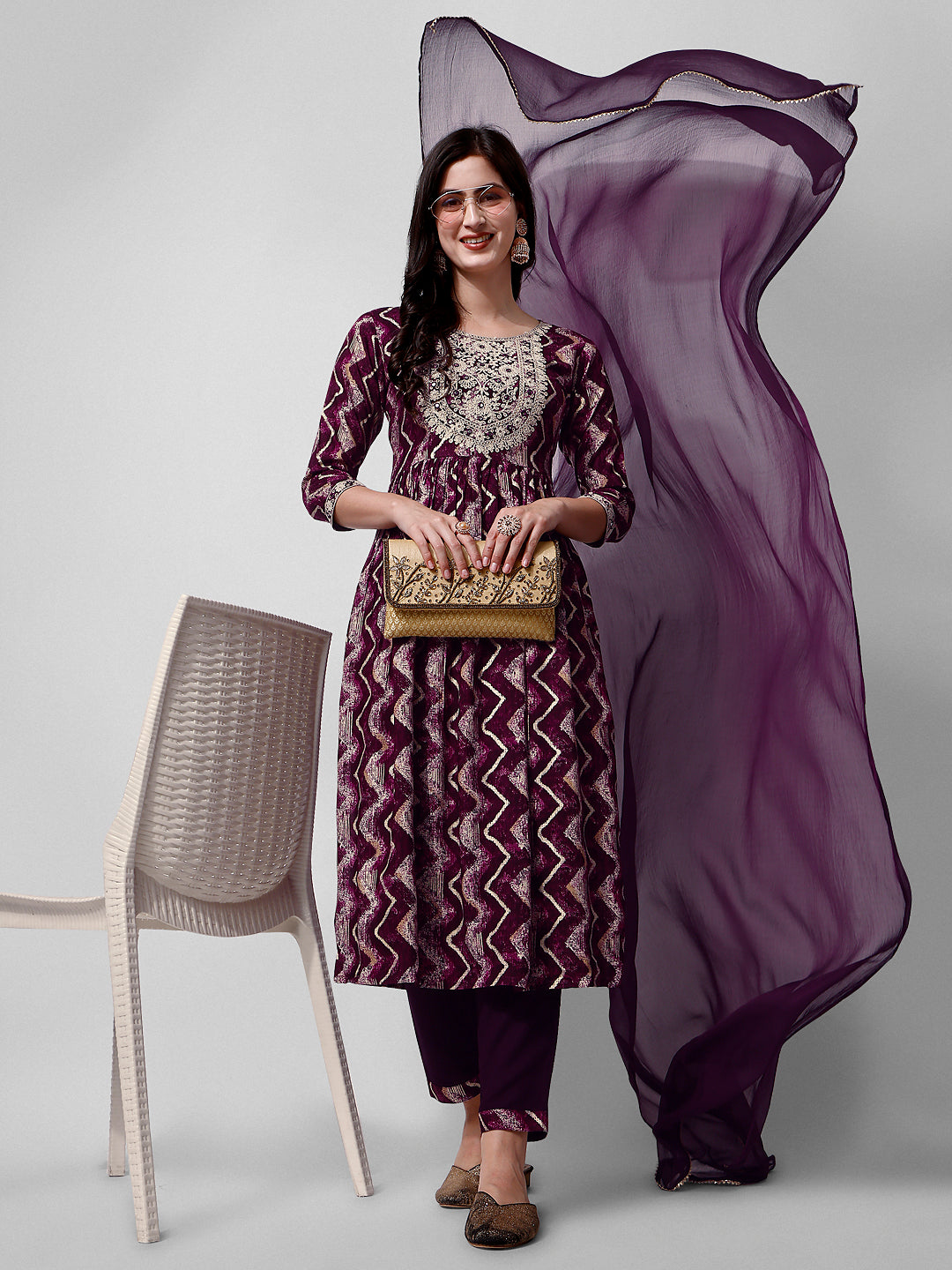 Nayra Cut Printed and Embroidered  Kurta with Pant & Dupatta Set