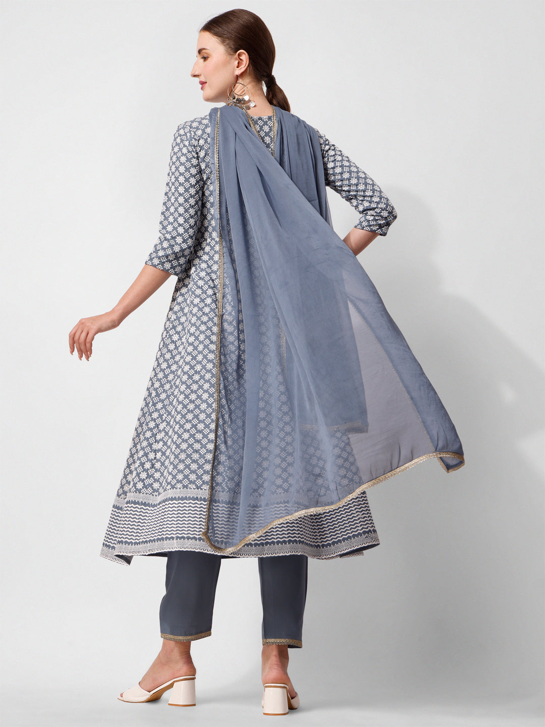 Lucknowi embroidered anarkali kurta with pant & dupatta Set