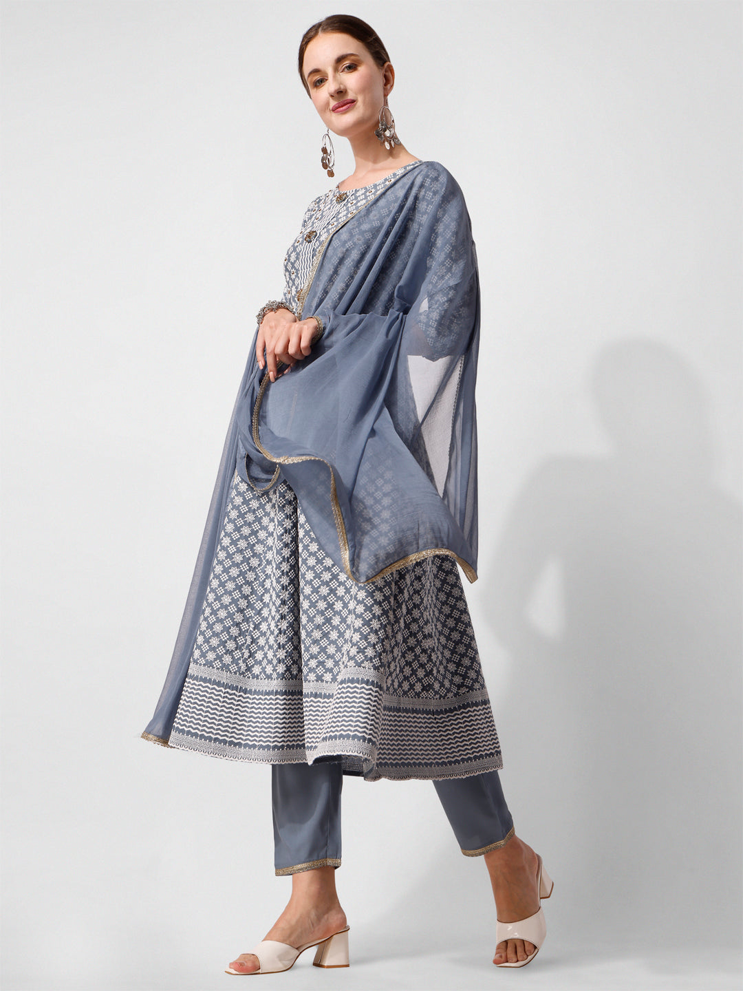 Lucknowi embroidered anarkali kurta with pant & dupatta Set