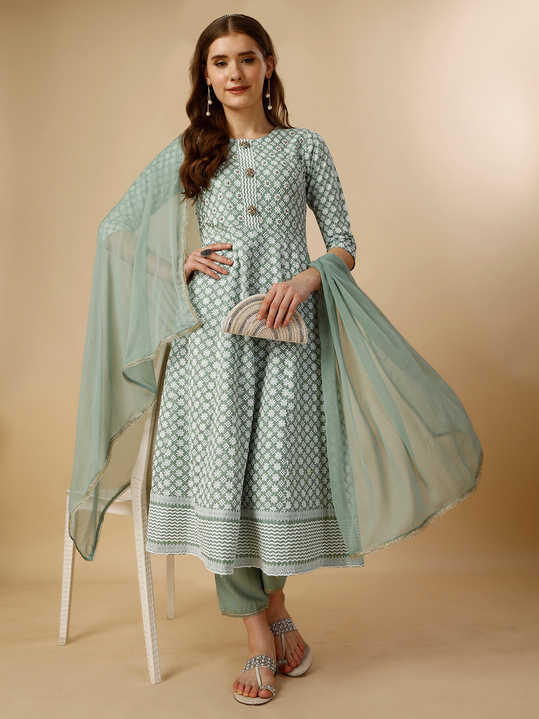 Lucknowi embroidered anarkali kurta with pant & dupatta Set