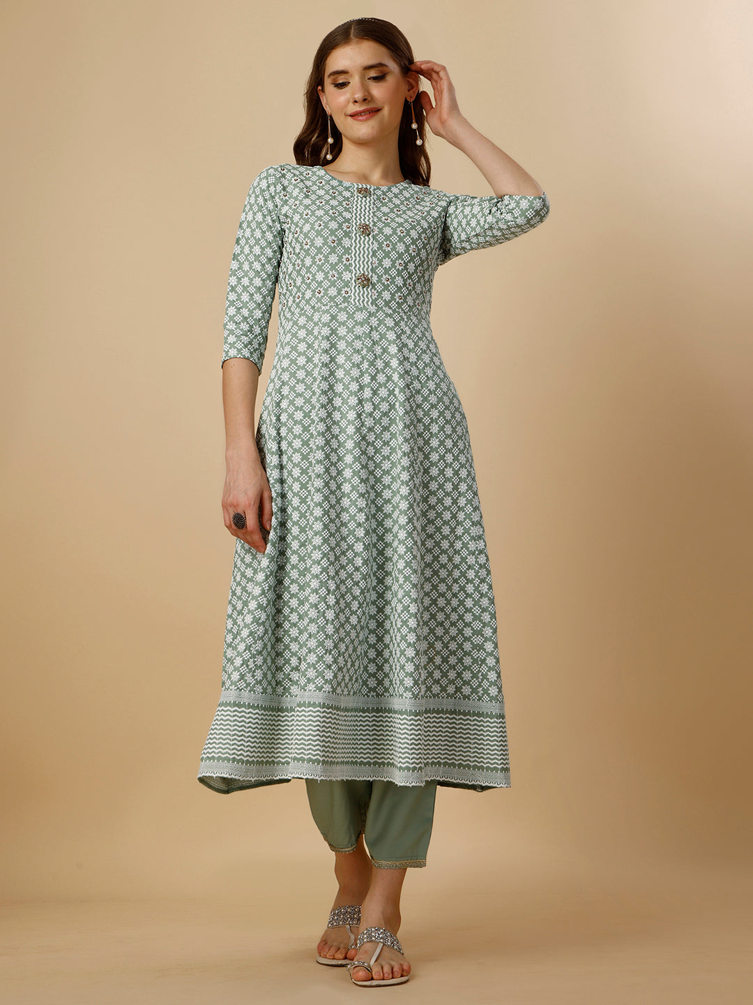 Lucknowi embroidered anarkali kurta with pant & dupatta Set