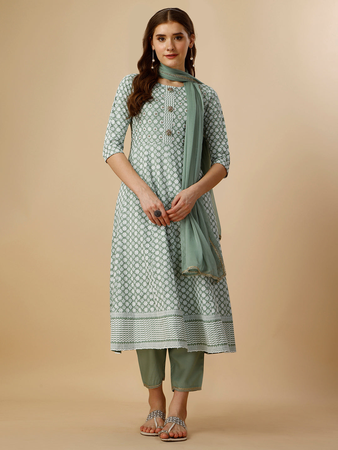 Lucknowi embroidered anarkali kurta with pant & dupatta Set