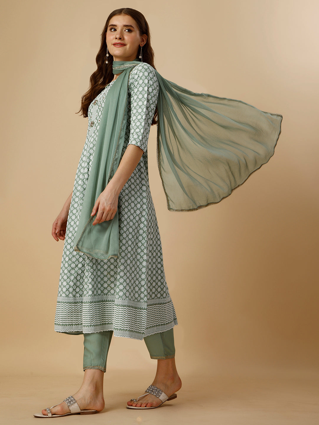 Lucknowi embroidered anarkali kurta with pant & dupatta Set