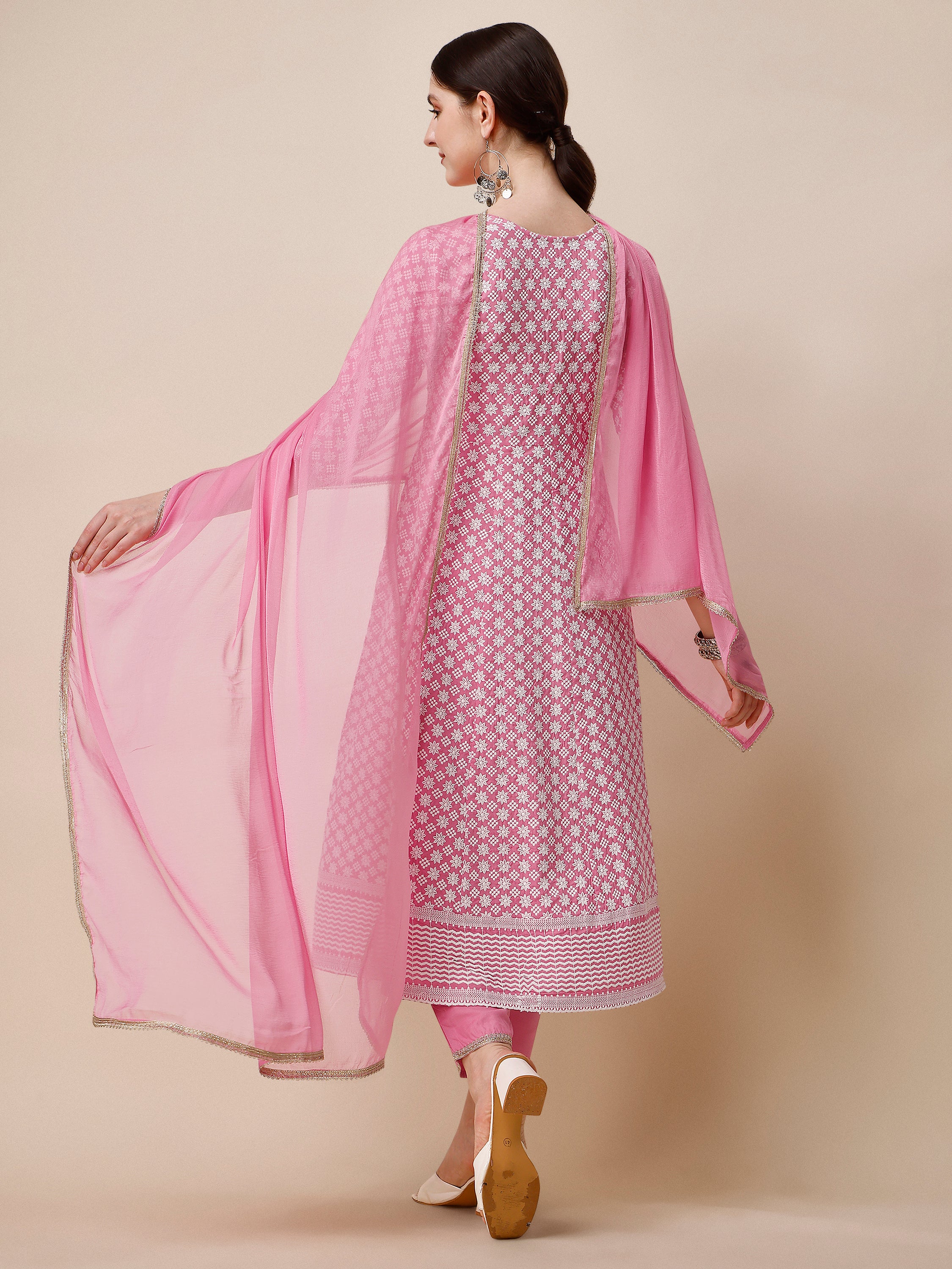 Lucknowi embroidered anarkali kurta with pant & dupatta Set