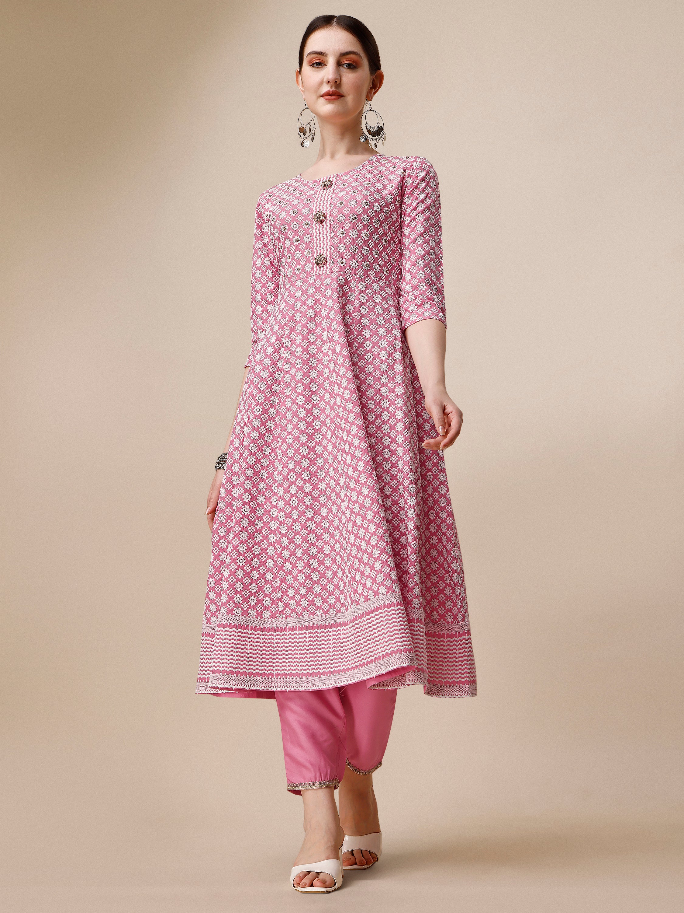 Lucknowi embroidered anarkali kurta with pant & dupatta Set