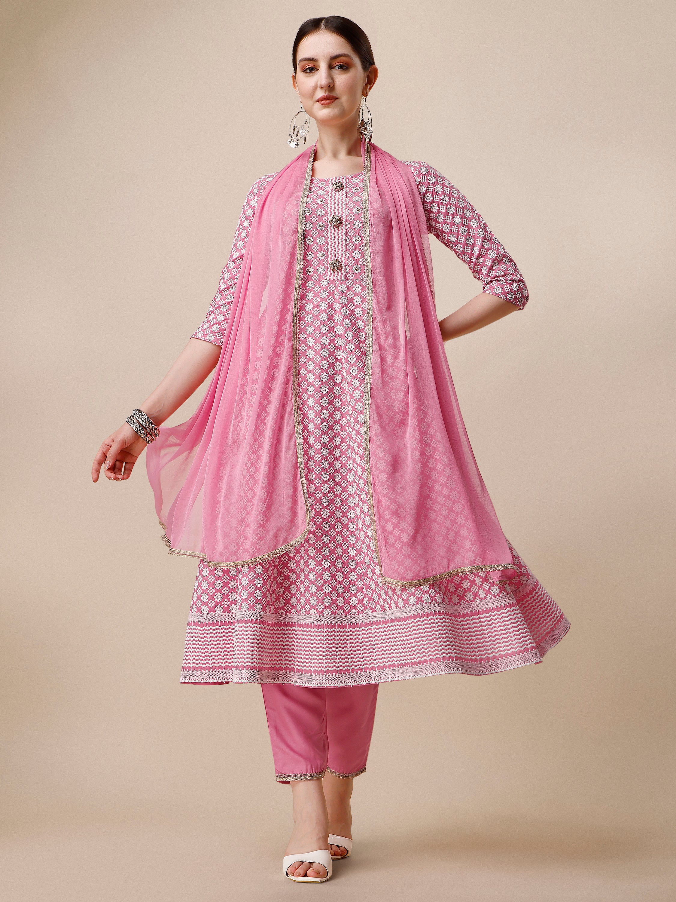 Lucknowi embroidered anarkali kurta with pant & dupatta Set