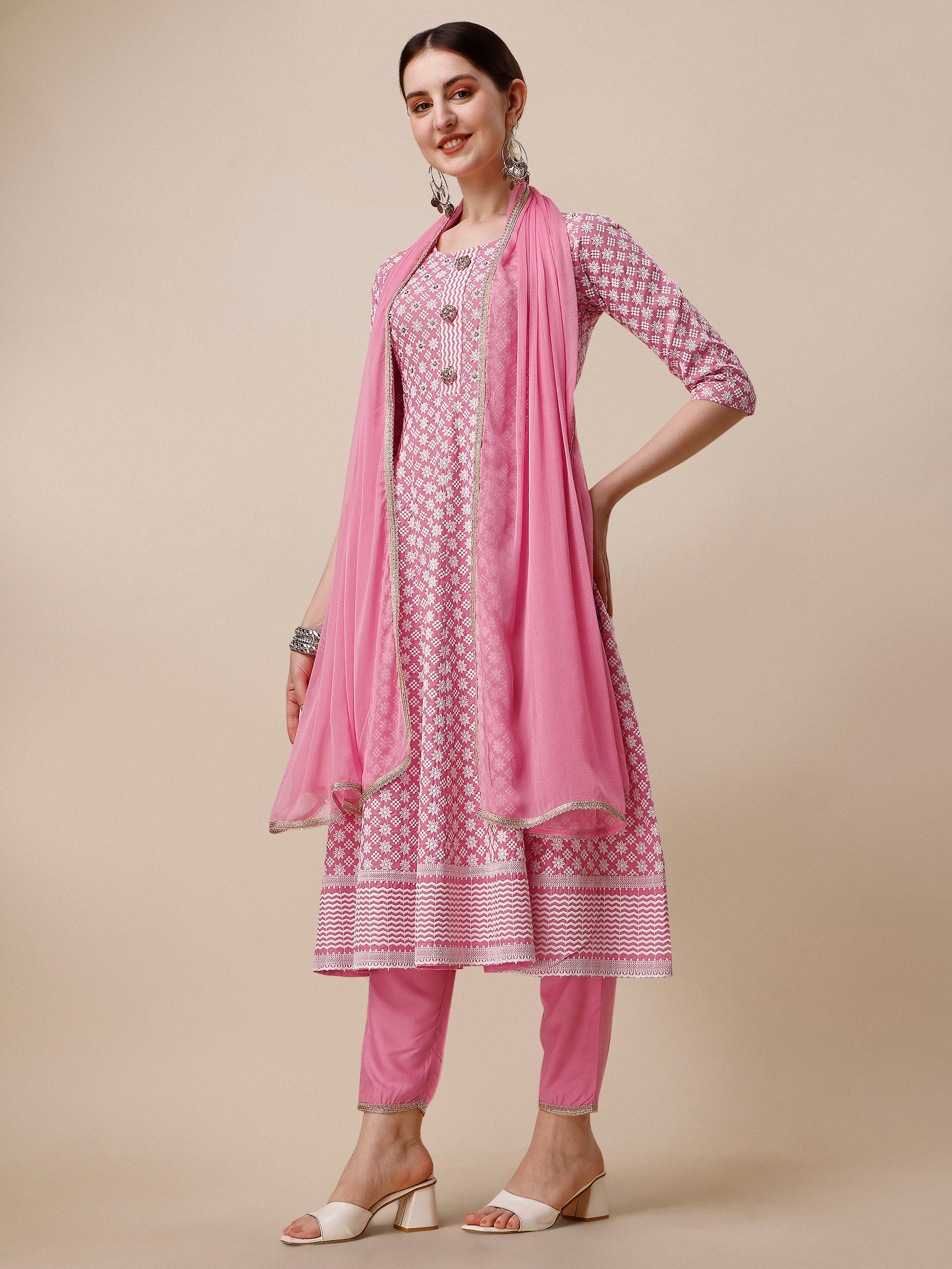 Lucknowi embroidered anarkali kurta with pant & dupatta Set