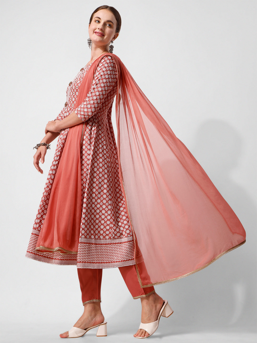 Lucknowi embroidered anarkali kurta with pant & dupatta Set