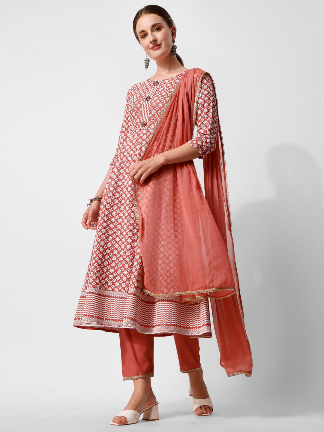 Lucknowi embroidered anarkali kurta with pant & dupatta Set