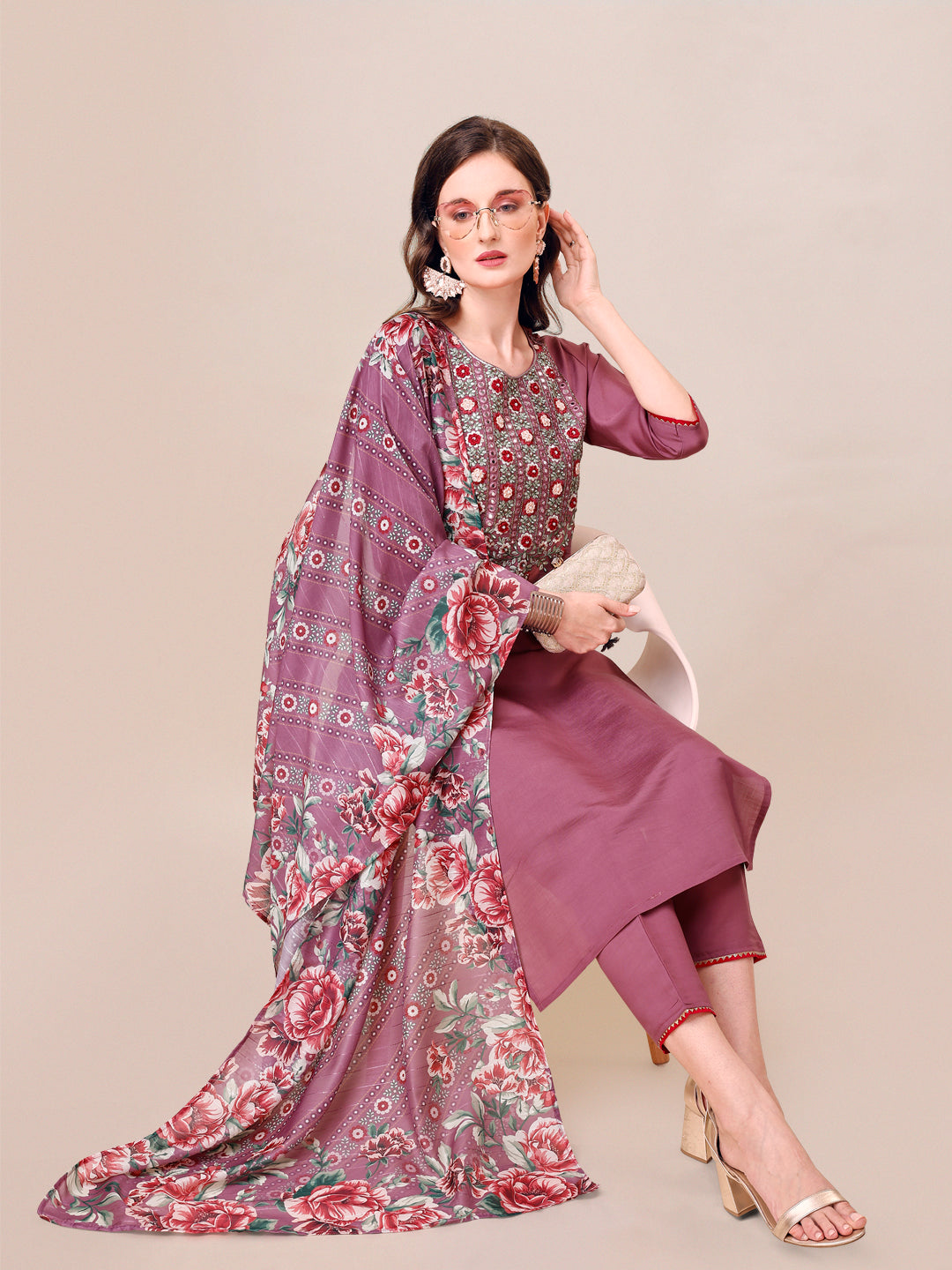 Embroidered Kurta with Pant and Dupatta Set