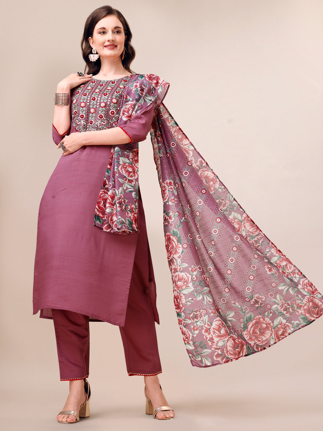 Embroidered Kurta with Pant and Dupatta Set